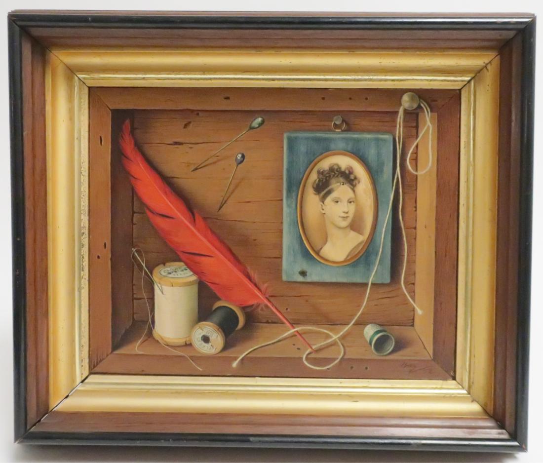 Ben- Hur Baz Trompe L'oeil Still Life O/B c.1952: Red feather, Clark (brand) thread spools, portrait miniature, faux painted frame. Signed Baz 52 LR. Framed- deep wood frame w/ gilt liner. sight 7 3/8" x 9 3/8 (board) framed 11 1/4 x 13 1/4 Property 