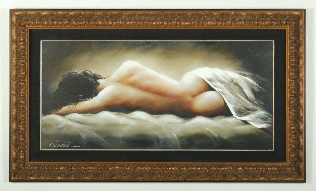 Bill Mack, Reclining Nude, signed TP giclee: Bill Mack, American, 20th C., Reclining Nude, embellished giclee, signed lower left , marked lower right TP 23 1/2 x 48 1/2, framed 35 1/2 x 60 1/2 (AFIN851)(MM)