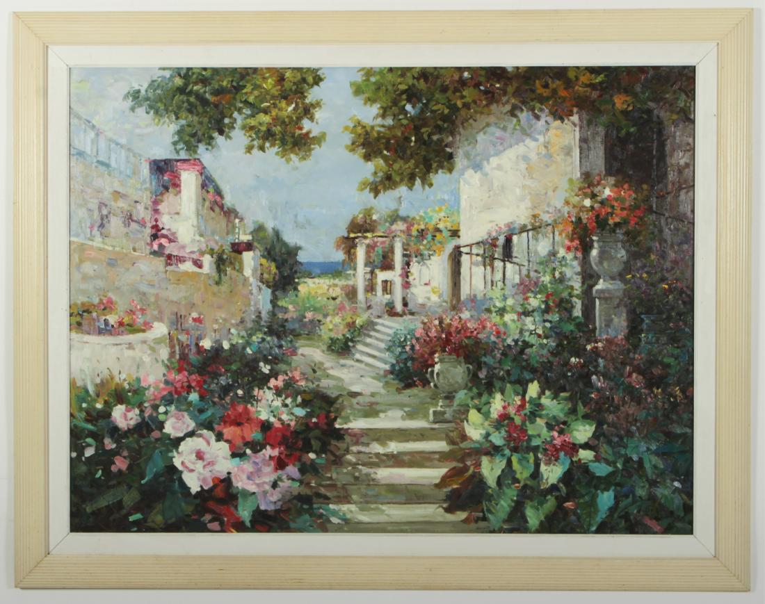 Leo Wouters, 20th Century, Village Street, O/C: Leo Wouters, 20th Century, Oil on Canvas, a Mediterranean Village street scene, with the sea in the distance. Sight: 35 1/2 x 47 1/2 Framed: 44 x 56 1/2 Property from a Belmont, New Jersey Estate Coll