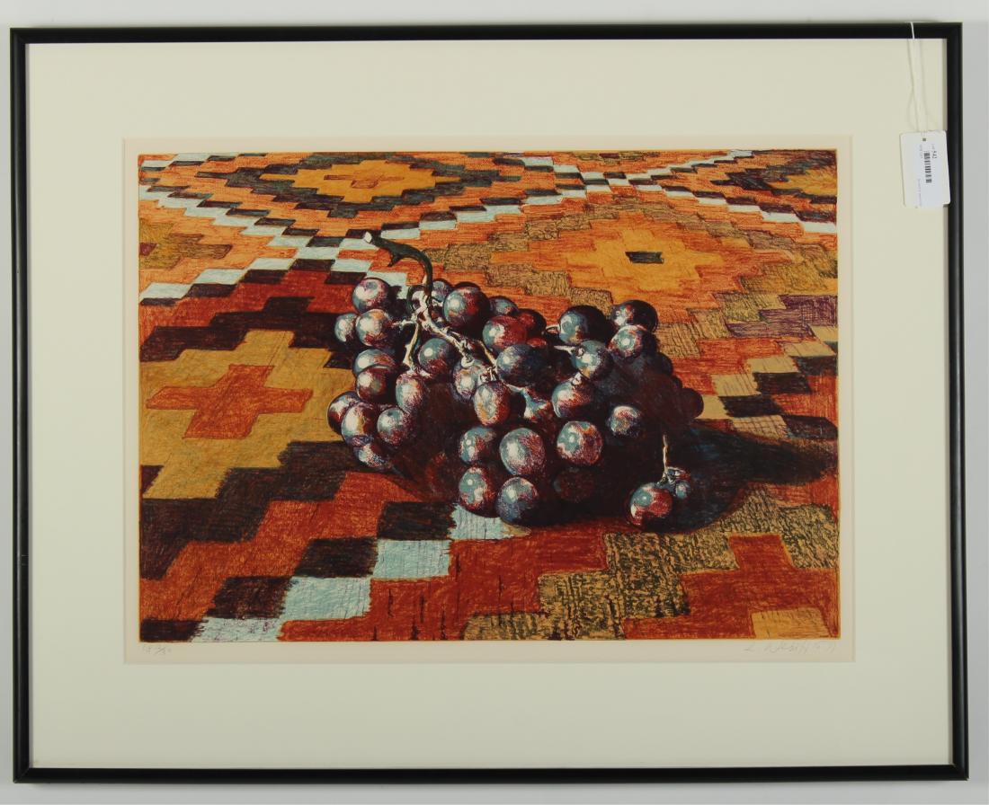 Lowell Nesbitt, Grapes on a Rug, Silkscreen: Lowell Nesbitt (American 1933-1993) Grapes on a Rug Silkscreen. 1979. AP 3/30. Acquired directly from the artist. 19 x 31 Framed: 30 x 37.5 Property from the Milbank collection (MTHM6542)(MM)