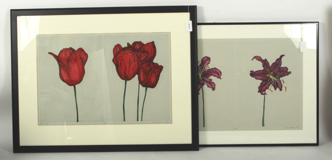 Steven Barbash, Two Floral Etchings: Steven Barbash (American B. 1933). "Two Lillies" (diptych), 23/100, 1988. "Four Tulips" 37/100, 1982. 23.25 x 35.75 Framed: 34.5 x 46.5 23.5 x 33.75 Framed: 40 x 51.75 Property from the Milbank collec