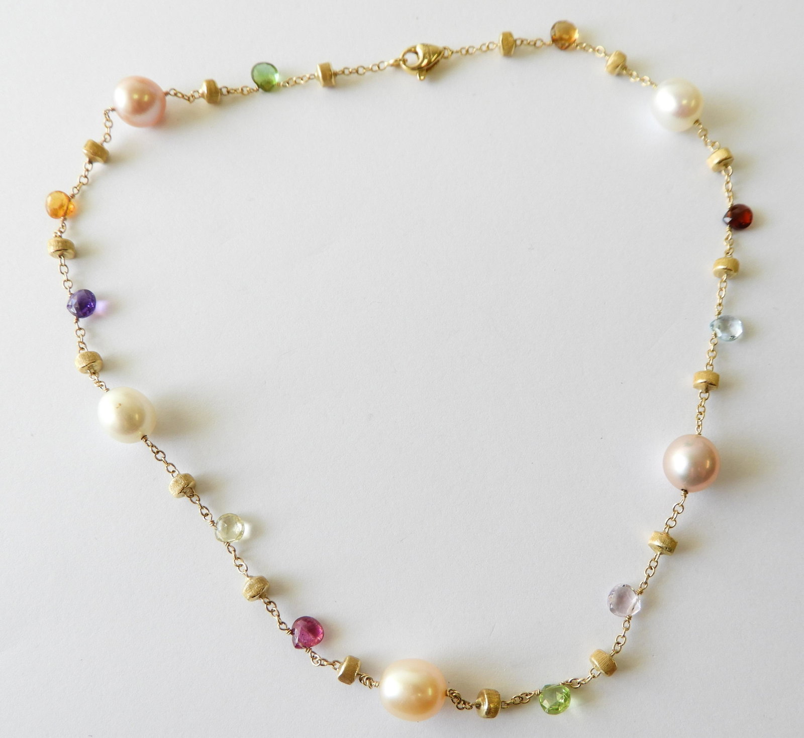 Marco Bicego, 18K Yellow Gold & Gem Necklace: An 18k yellow gold and mixed semi-precious stone and pearl 16" choker necklace hand crafted in Venice by Italian designer Marco Bicego. This necklace is very similar to his "Paradise Mixed Short Stone