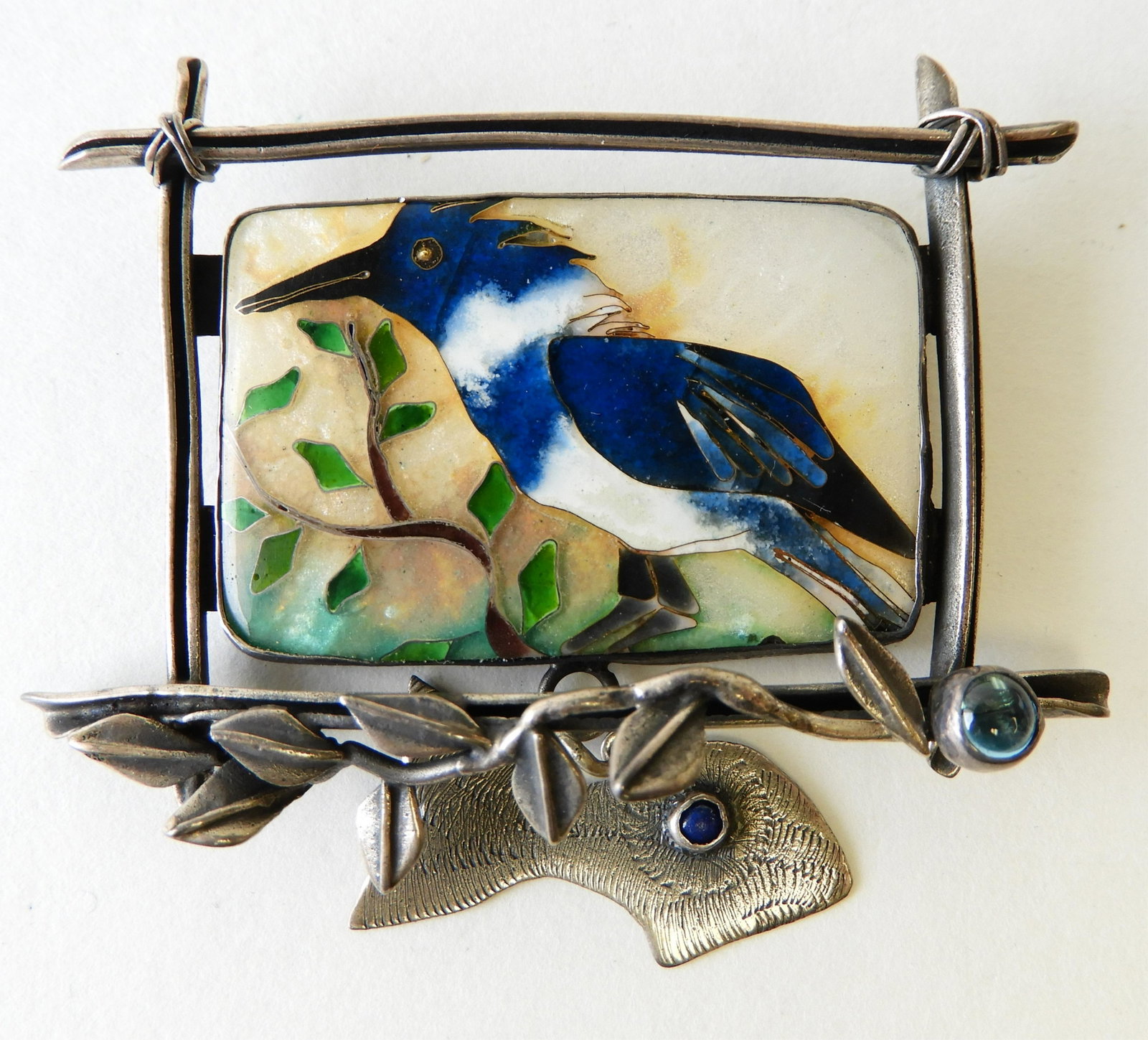 Blue Jay Brooch - Sterling & 24k: Sterling silver and 24k gold brooch by Kristin Holeman with cloisonne enamel Blue Jay in tree. Signed and marked on back. 2.5" wide. Property from the estate of Rosalie Coe Weir