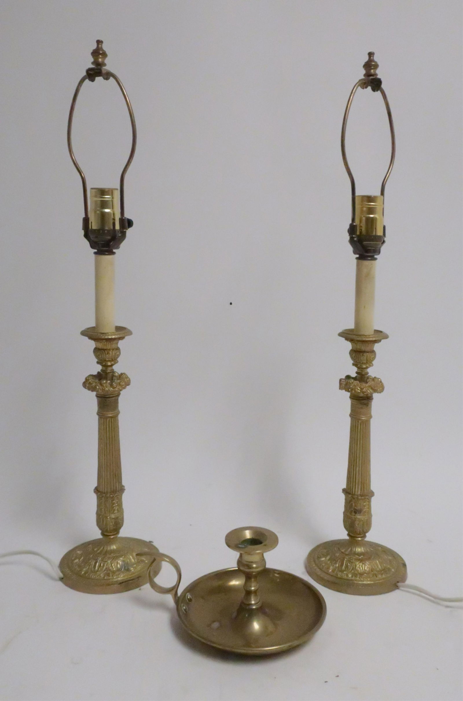 Pr. Gilt Bronze Candlesticks &  Brass Chamberstick (1 of 1)