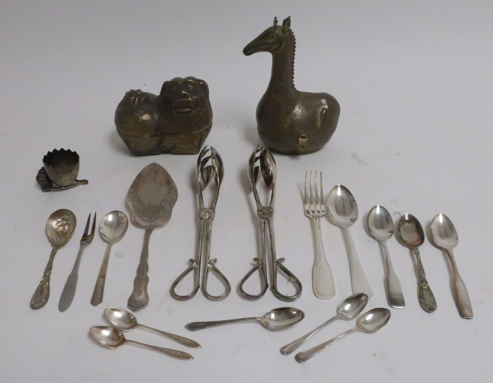 Group of Silverplate Flatware, Egg Cup, Boxes: Group of silverplate flatware, an egg cup and 2 brass animal boxes. Largest box; 8 h by 5 w FJLO9017/lot WT