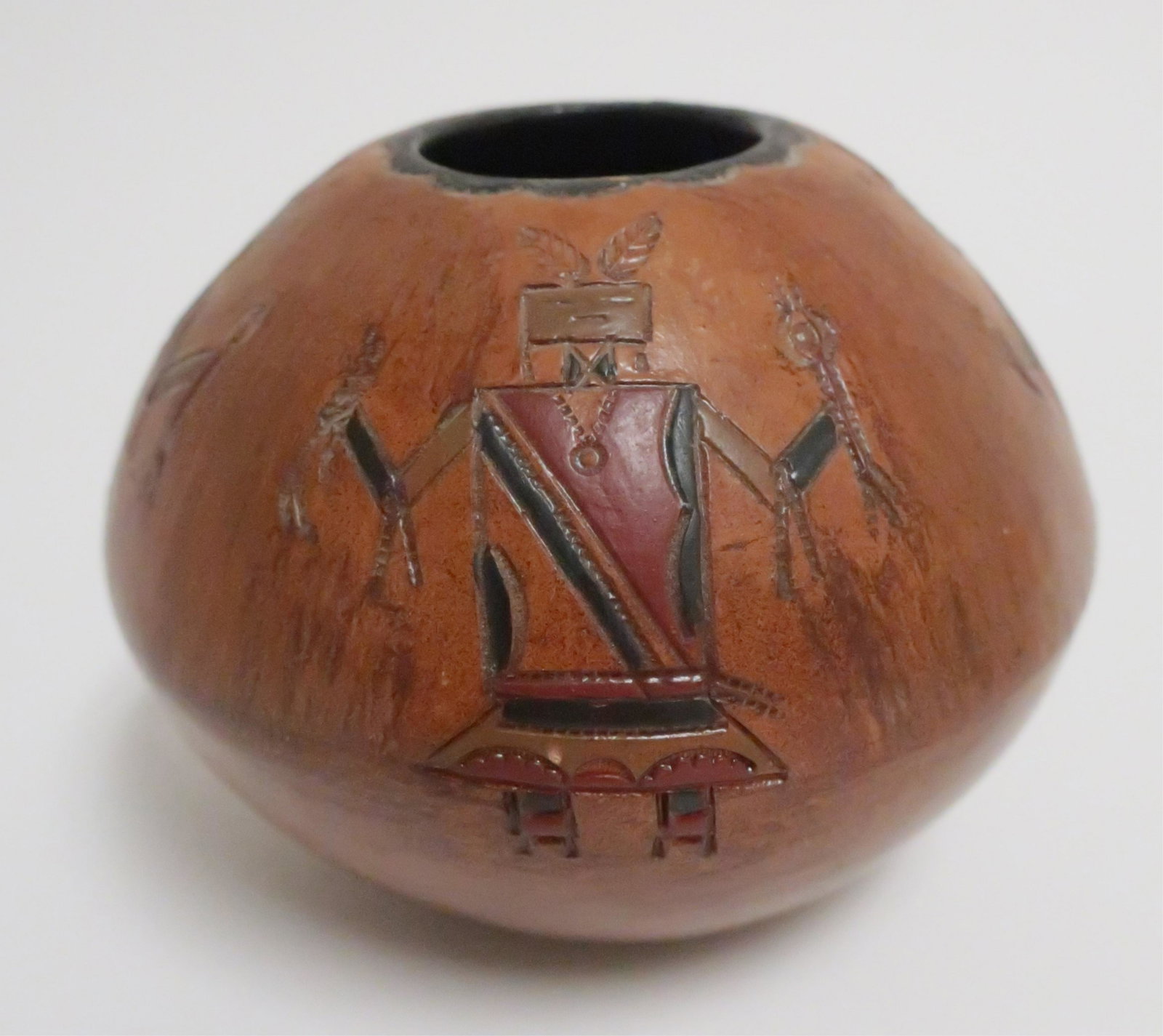 Ben Yazzie (Cortez, CO.USA) Pottery w/ Yei Figures: Incised and painted vessel. Info. card included from Gouldings Trading Post (Utah). Signed on bottom. 4"H x 4.75dia. GSCH9063 JP