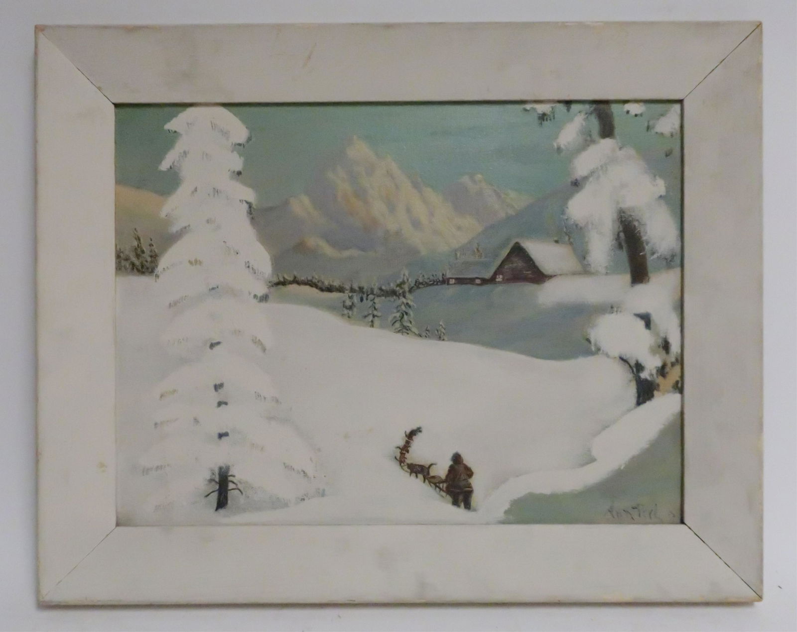 Ann Perl Folk Art Winter Scene with Dogsled O/B (1 of 2)