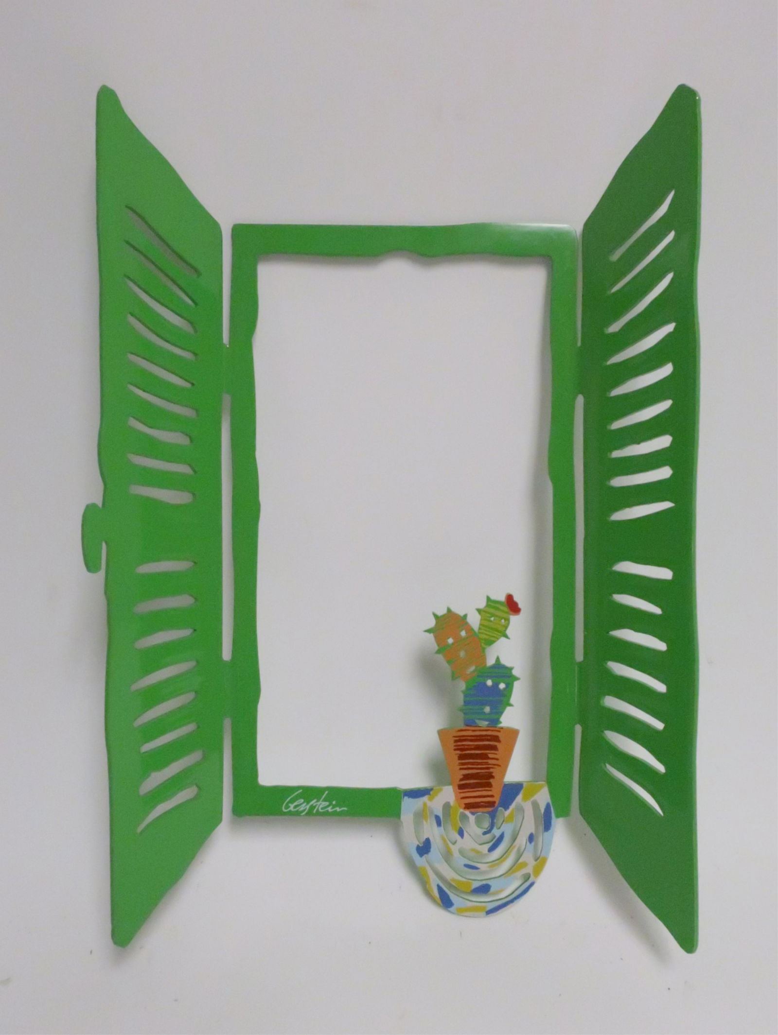 David Gerstein b. 1944. Green "Window" w/ Cactus: Enameled metal, signed. 12h x 8w x 1 3/4d NHT1091 WT