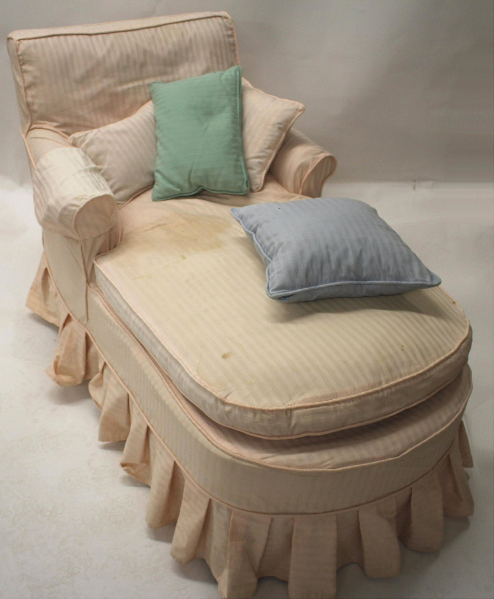 Louis XVI Style Chaise Lounge, J Wanamaker: Made for John Wanamaker, has a slip cover and 4 pillows. 32 h by 55 l by 29 w QWIND7049 WT