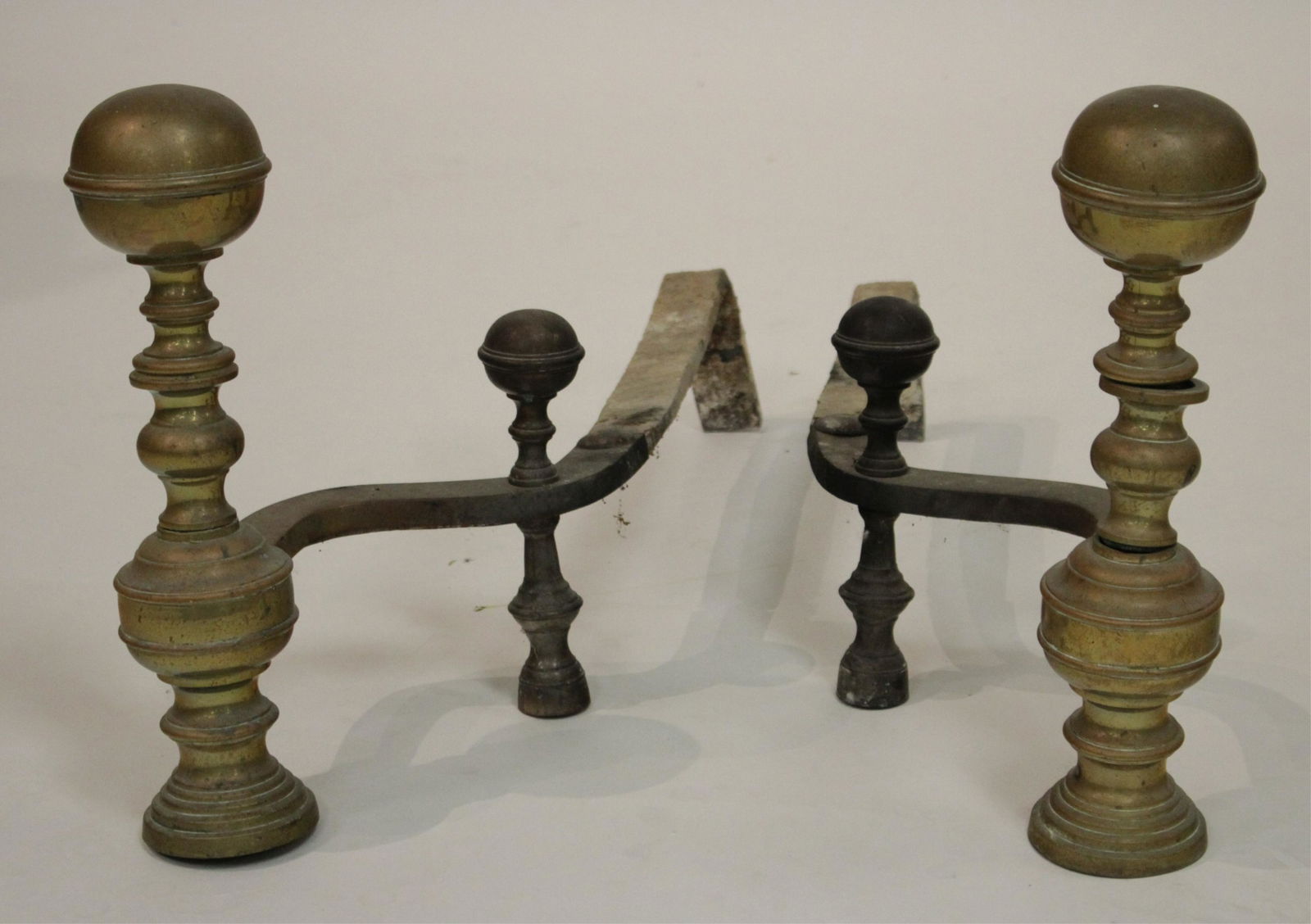 Pair 19thC Brass Ball Top Andirons (1 of 3)