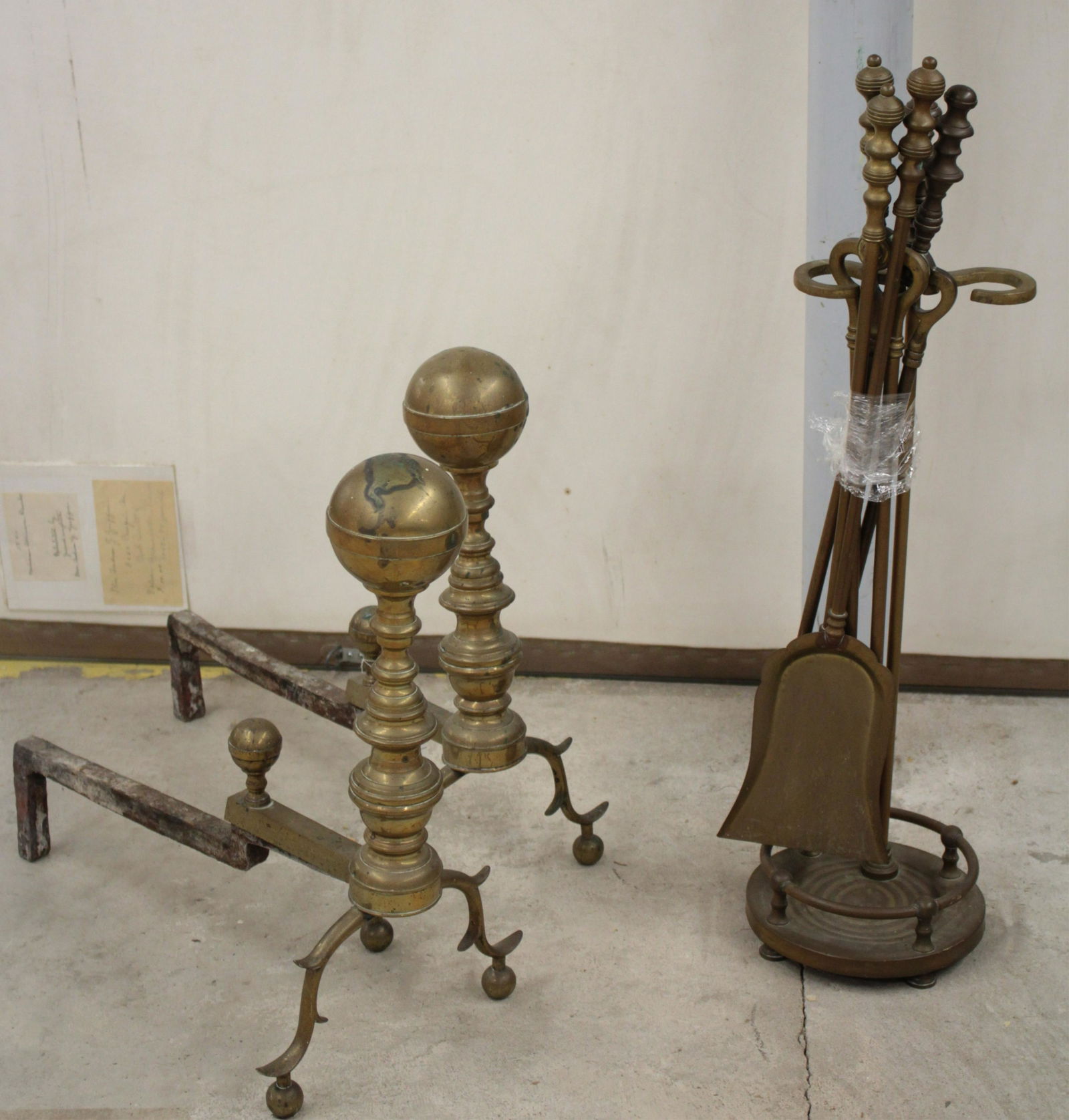 19C. Brass Cannonball Top Andirons; Hearth Tools (1 of 1)