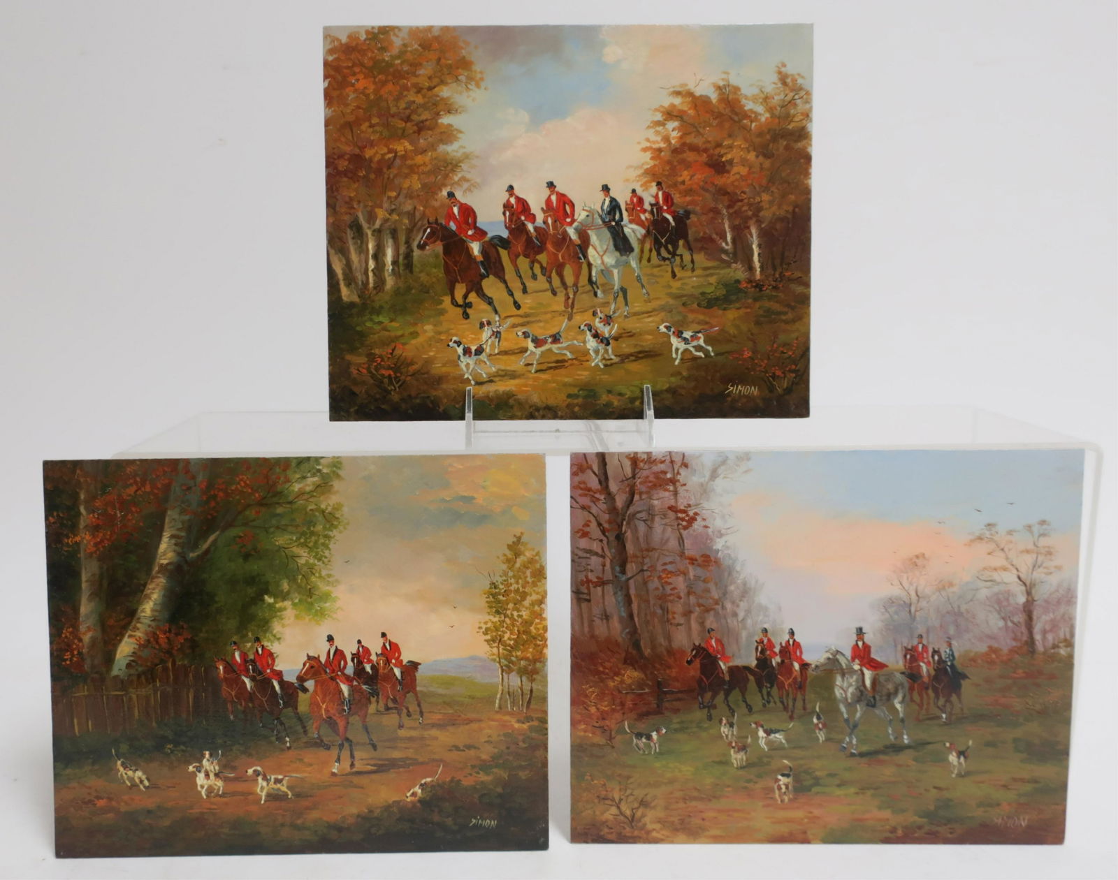 Simon Braun, 20th C., 3 Hunt Scenes,O/B (1 of 2)