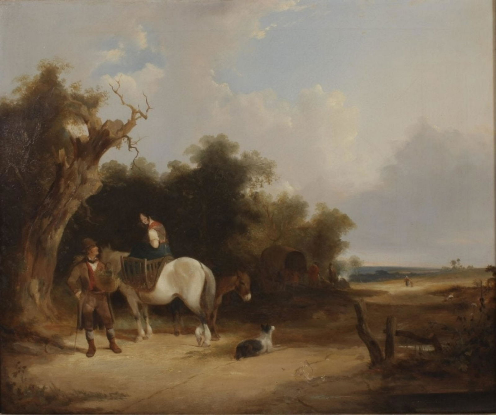 European Sch 19th c. Couple on Horse w Dog O/C (1 of 5)