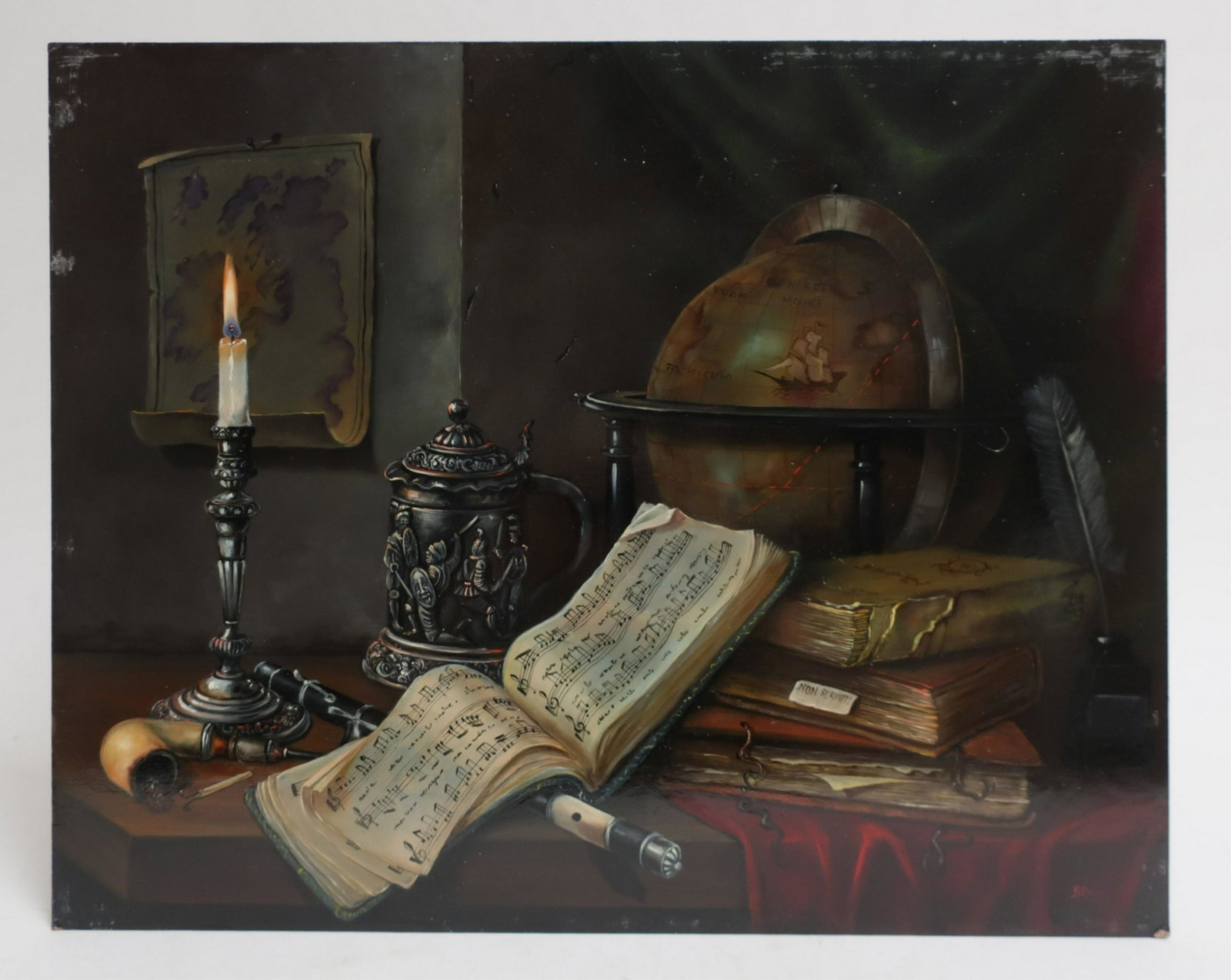Bela Blinczinger, Music Sheets Still Life, O/B: Bela Blinczinger, Hungary, b.1953, Music Sheets Still Life with Candle, O/B [BZ-987] 15 3/4 x 19 1/2 HEAR9400 MM