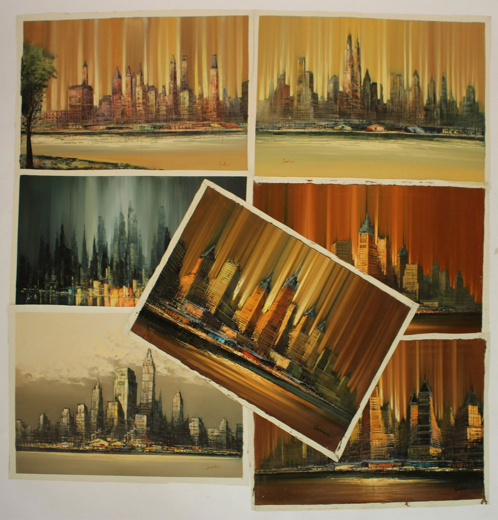 7 City Scapes, many NYC, oil on canvas: 7 City Scapes, many NYC o/c, unstretched, some signed Antonini and others. 26 by 38 BEL470/7 WT
