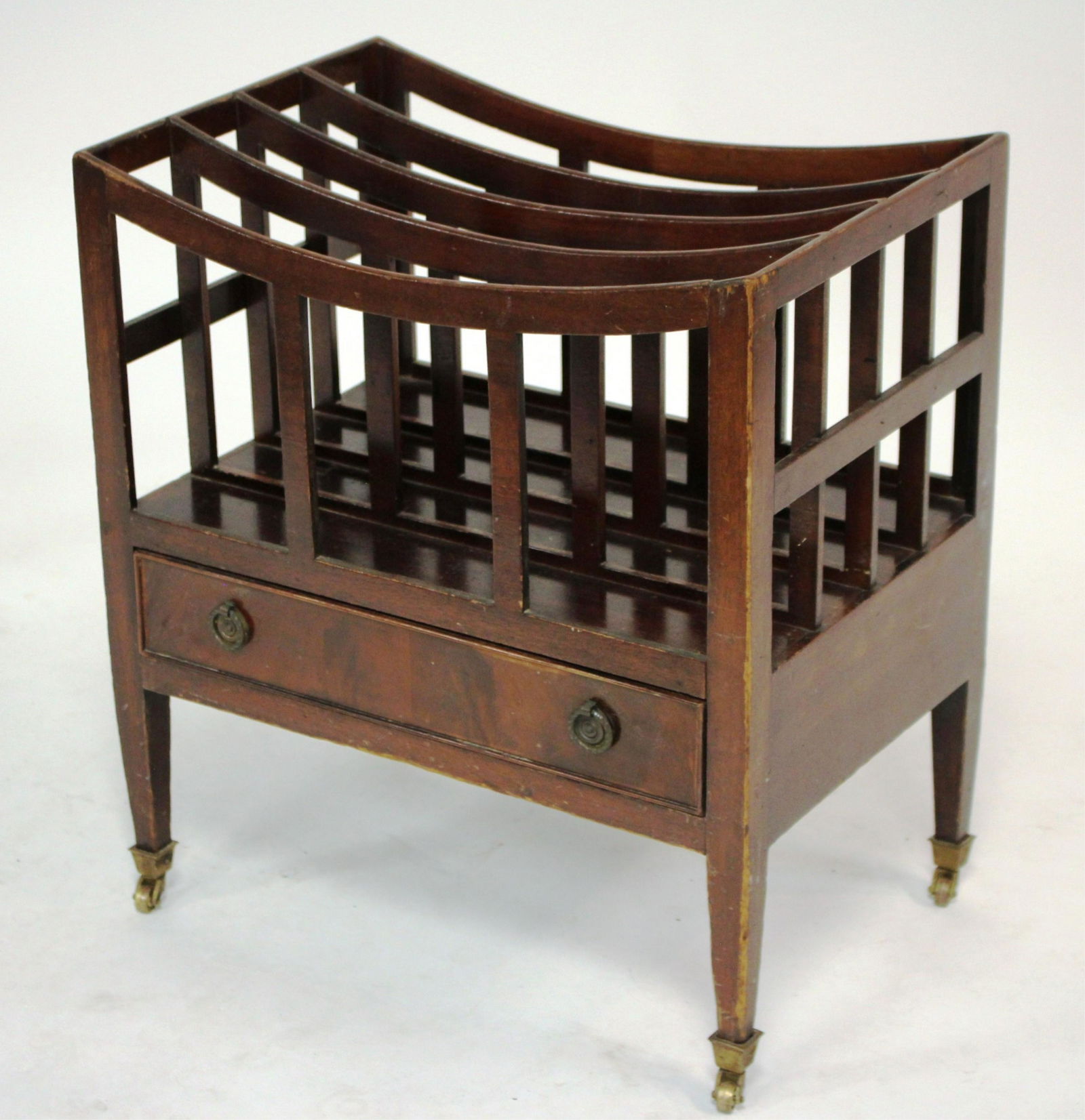 Mahogany English Style Canterbury: One drawer, clean line flat stock construction, brass casters. 21"H x 19W x 12.5D MROG8486 JP