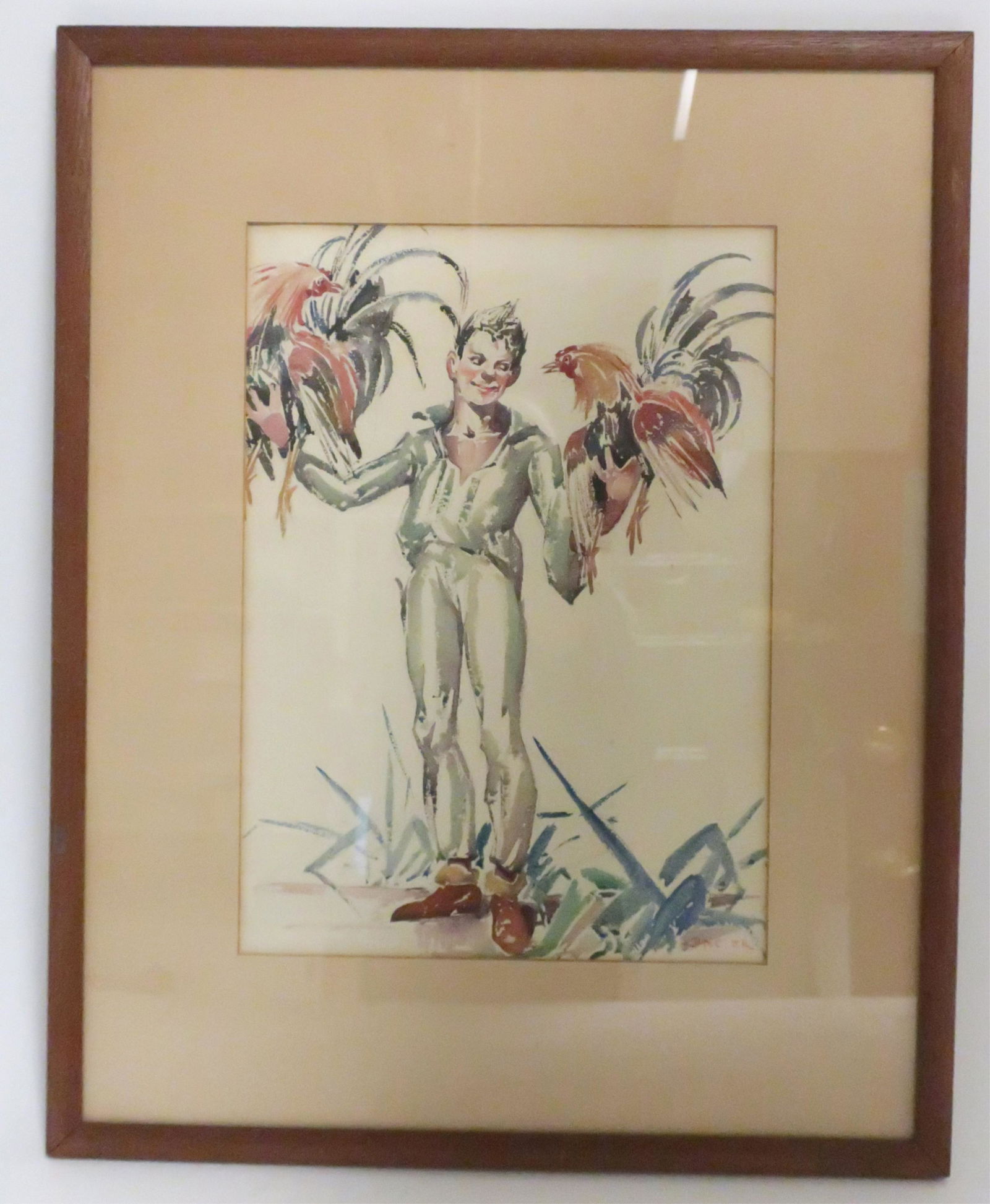 Man Holding Rooster W/C & Pencil, 20th C. (1 of 5)