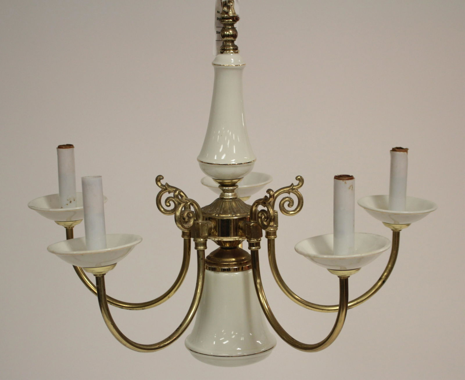 6 Light Porcelain and Brass Plated Chandelier: 5 scrolled arms, one center light; porcelain shade, drip plates, top standard 21" across 18.5H to top w/o chain, ceiling plate 23.5H w/ chain, plate DGEN9592 JP