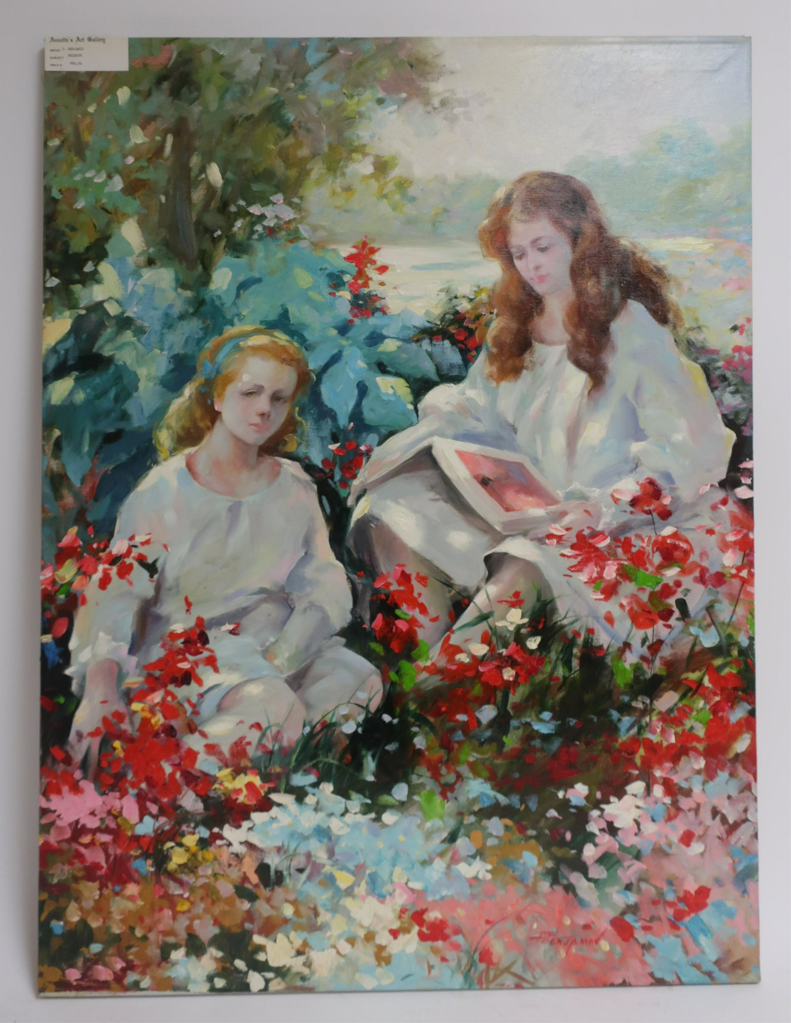 "Friends", 2 Young Woman In Flowered Landscape O/C: Signed Tim Benjamin LR. On stretcher, unframed 40"H x 30 BEL9608 JP