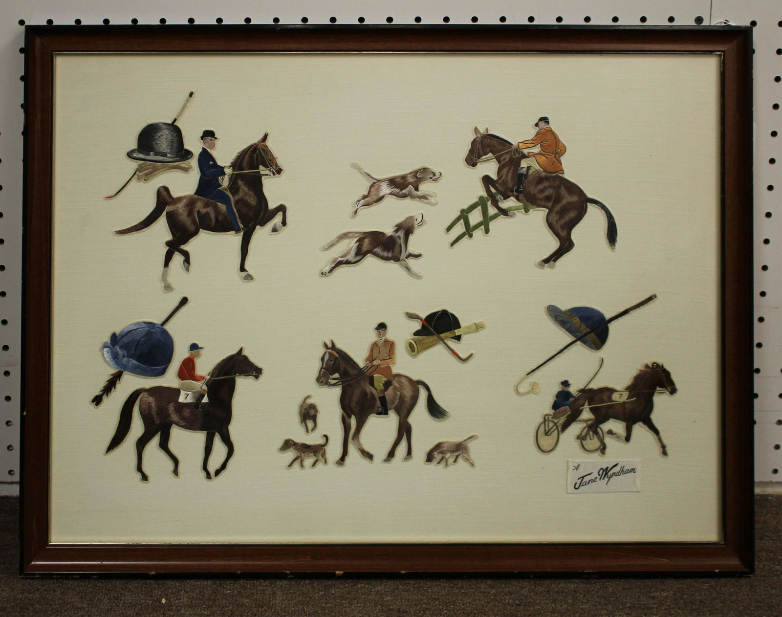 Jane Wyndham Collage of Silk Equestrian Cut Outs: Mounted on linen and framed. 16.75" x 25.25" inches QSHER624 WT