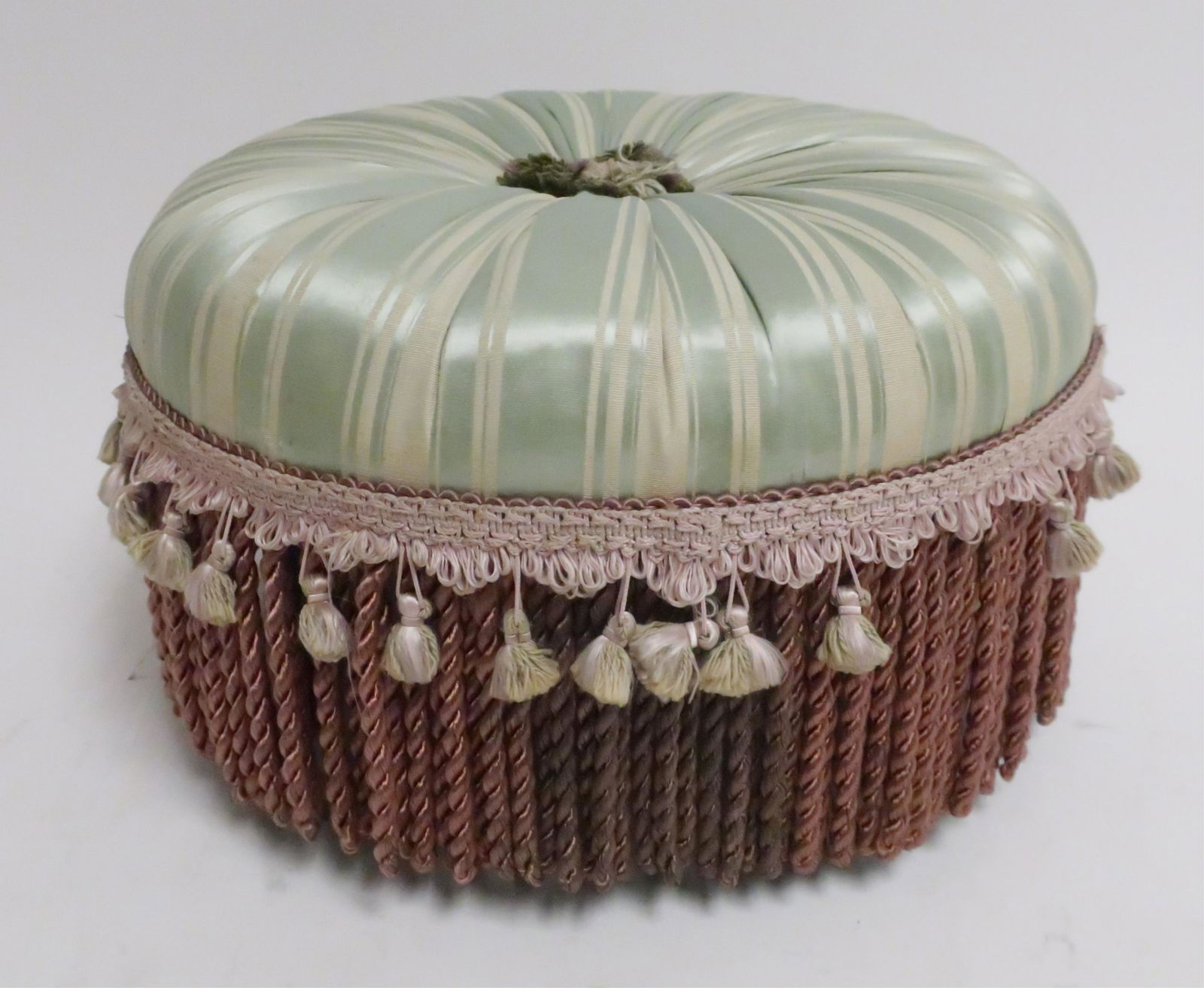 Circular Poof, Green Silk with Red Silk Braid (1 of 2)
