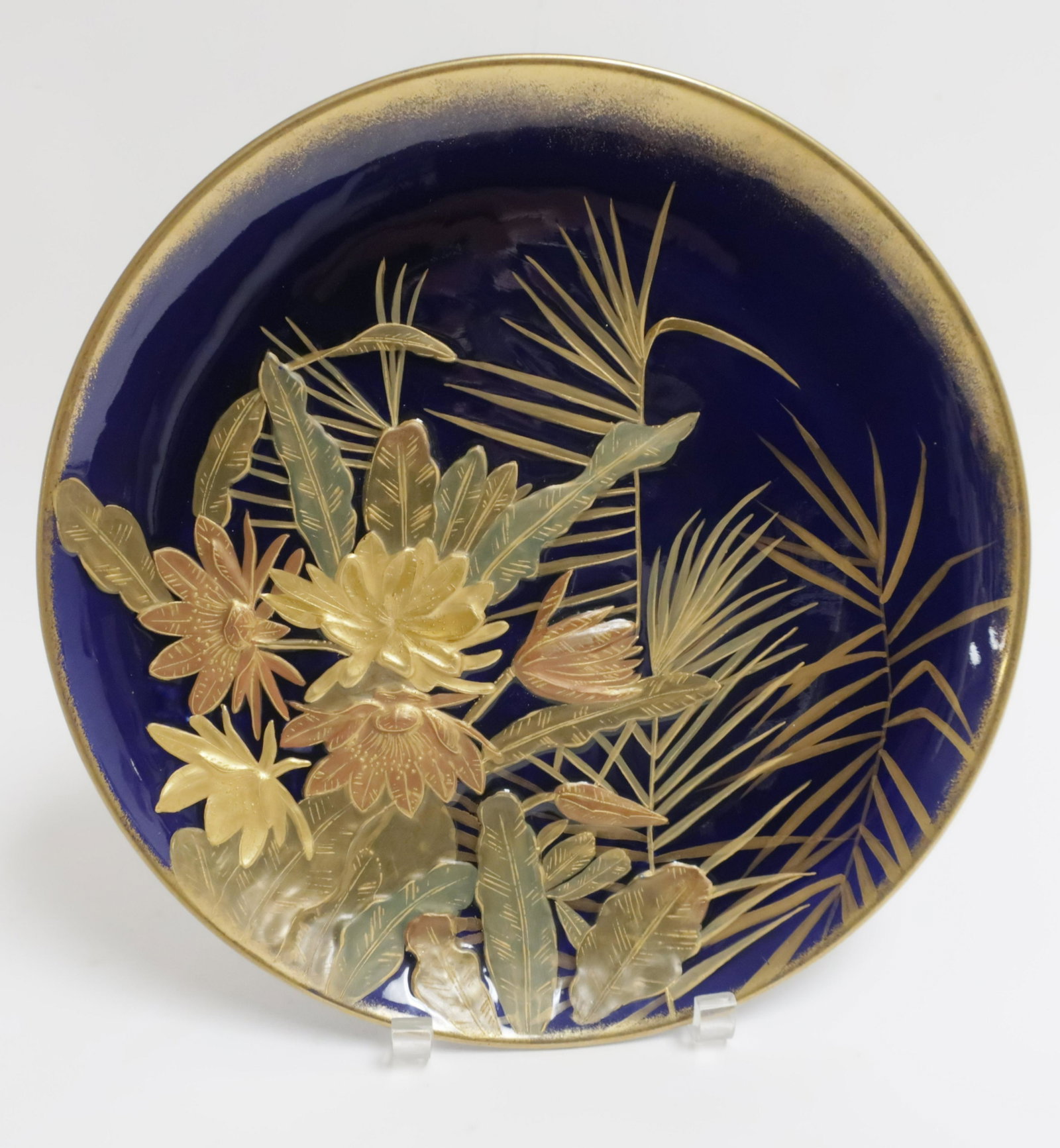 Majolica Charger, possibly George Jones: Majolica Trent Potteries Charger, possibly George Jones, cobalt blue with gold blossoms, some glazed incision marking verso along with gold brushed numbers 12 3/4 Diameter x 1 1/2"D FLIT6160 MM