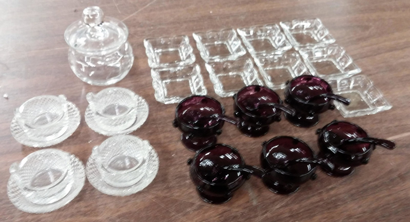 19 Salt Cellars and Honey Pot Jar, some Heisey: 19 Glass Salt Cellars along with a honey pot jar, includes Heisey and hand blown deep violet colored,violet cellars with spoons Various ROCO7380/20 MM