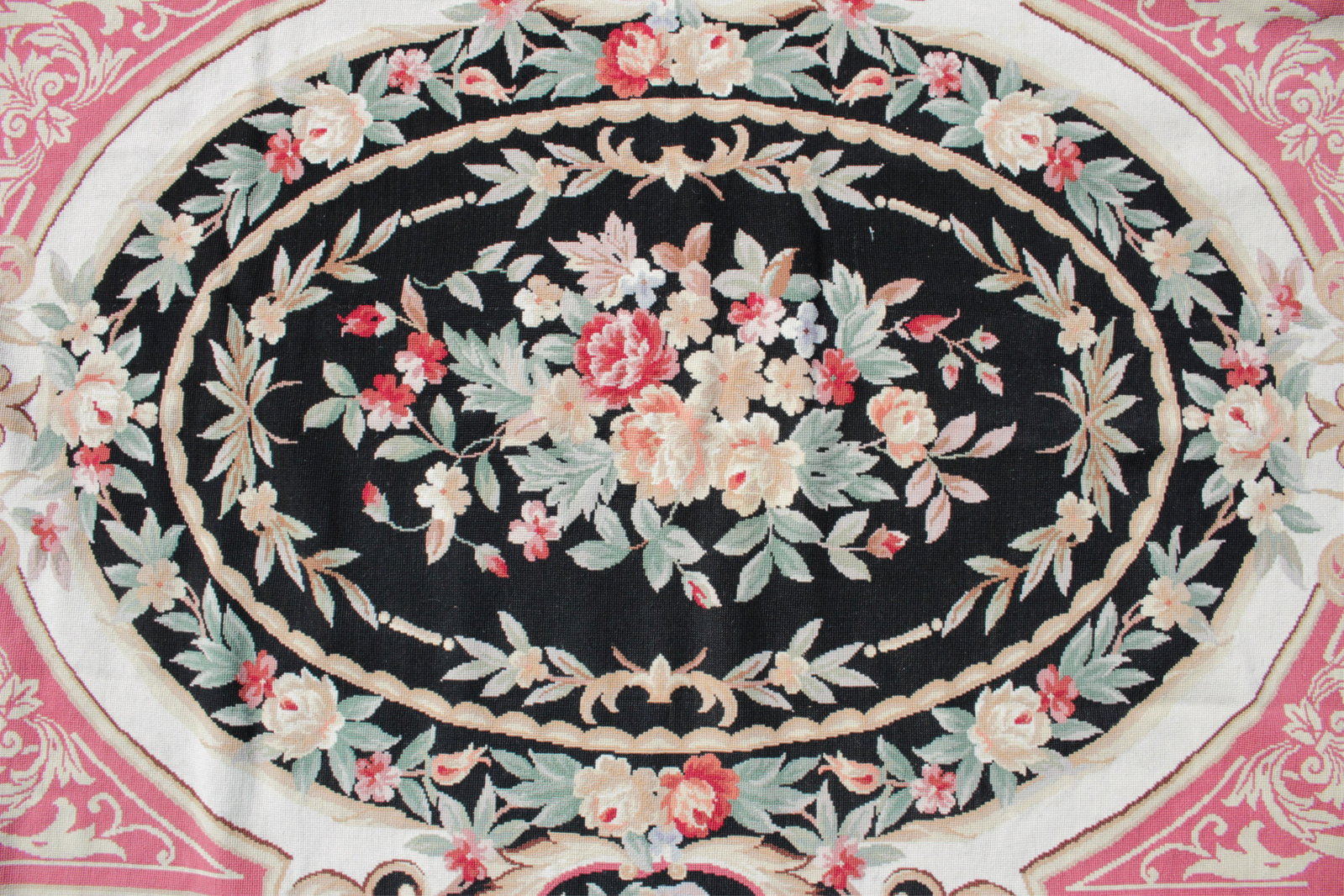 Aubusson Tapestry: Florals on a black central medallion. 5' 8" x 8' 4" BMIL6014 WT
