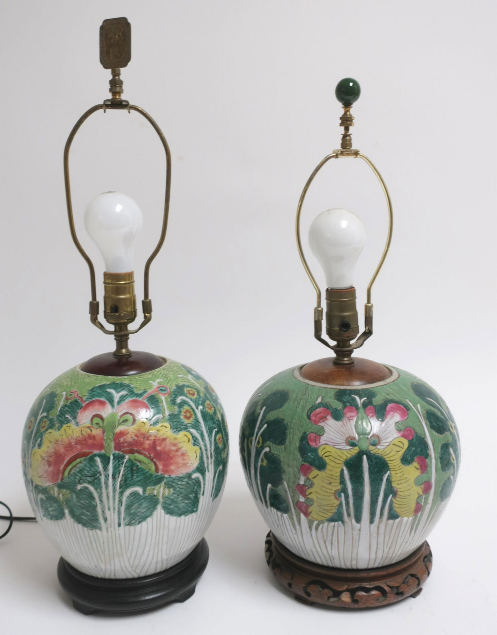2 Similar Chinese Ginger Jars as Lamps: Tobacco Leaf Style Decoration. Approximately 8.5 x 8 without stands and harps (SKEN2098/2)(WT)