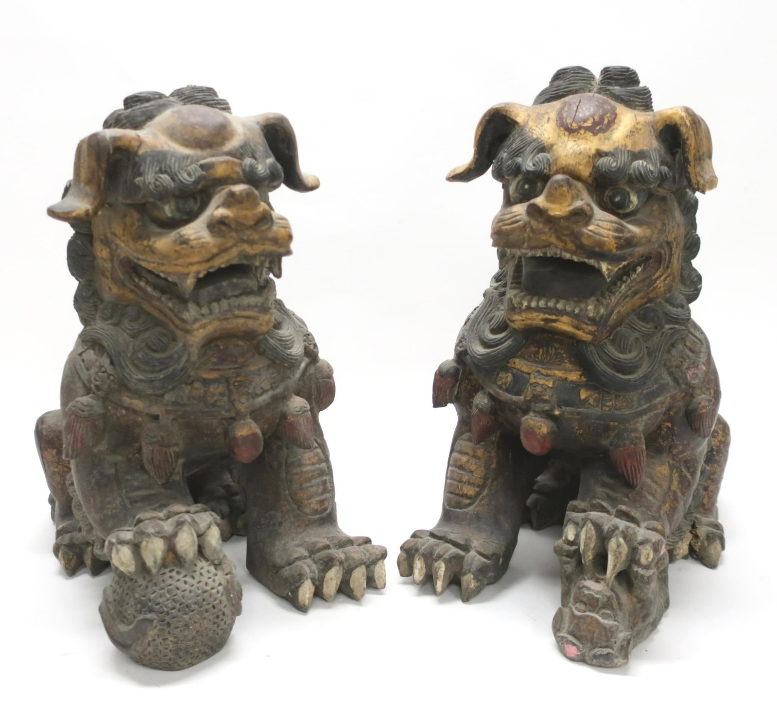 Pair Large Wooden Foo Lions: Matching pair of very nicely carved and painted Buddhist guardian lions. 19th/20th century 16" high each Property from a private collection - East 66th at Madison Ave, Manhattan (ROND964)(PR)