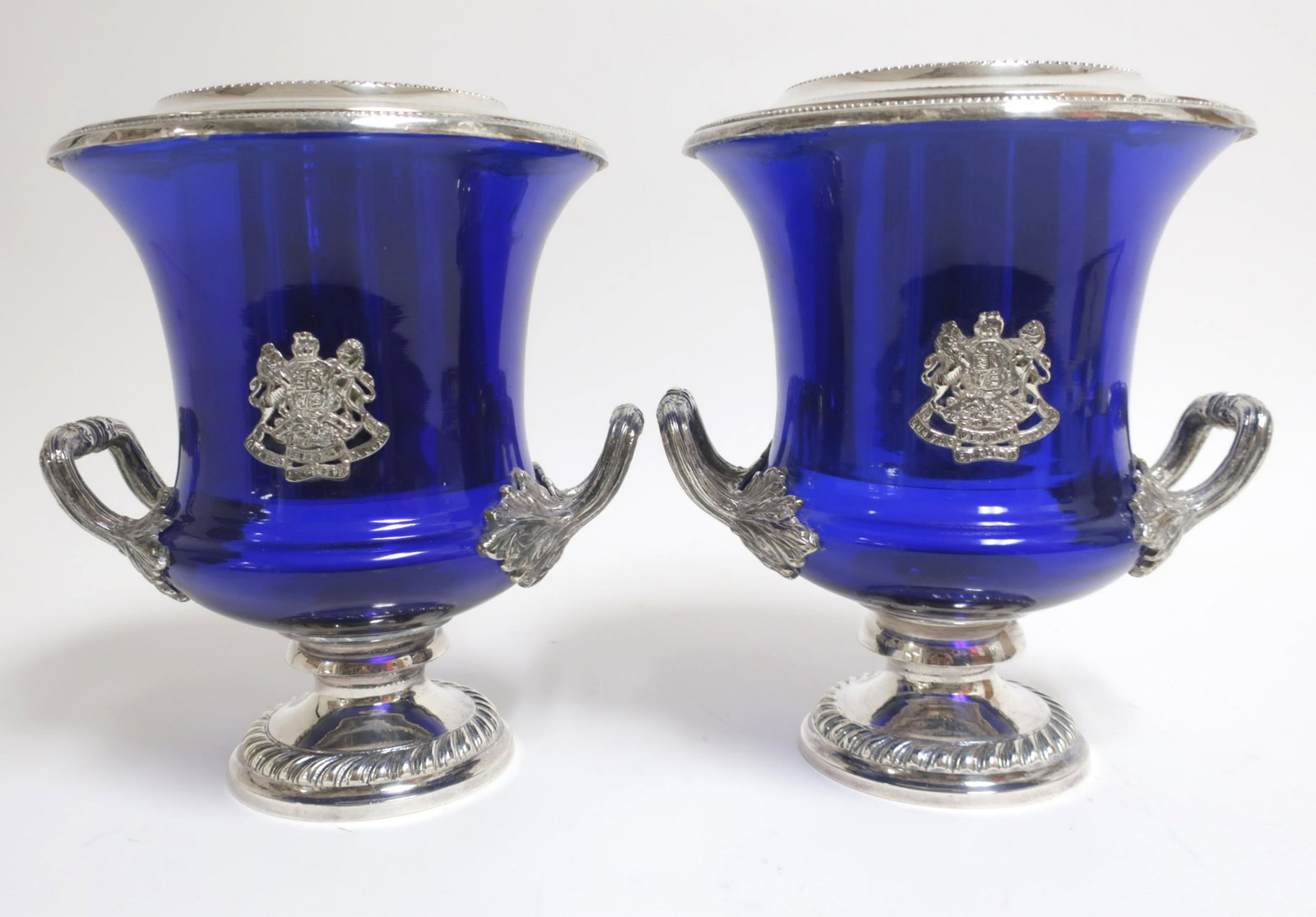 Pair Blue Glass & Silver Plate Wine Coolers: English punch marks, campagna form. 11.5h x 9.5w (SKEN2095/2)(WT)