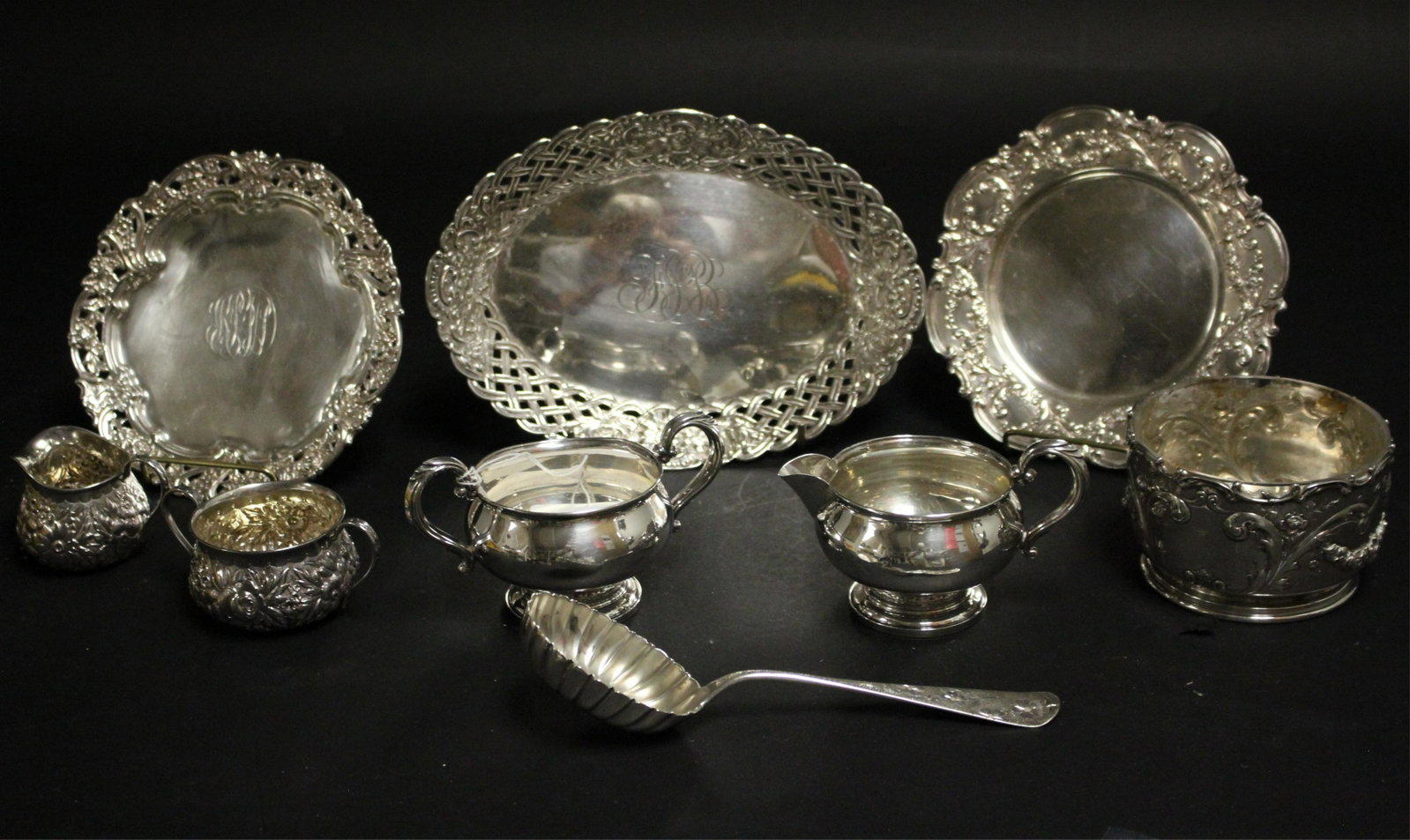 Mixed Sterling: Mauser, Vansant, Gorham: Group includes a rare Vansant bright cut serving spoon, a heavy Gorham 1885 pierced rim dish, a Mauser dish, a pair of well repoussed small creamer and sugar, possibly Baltimore; a pierced rim Gorham 
