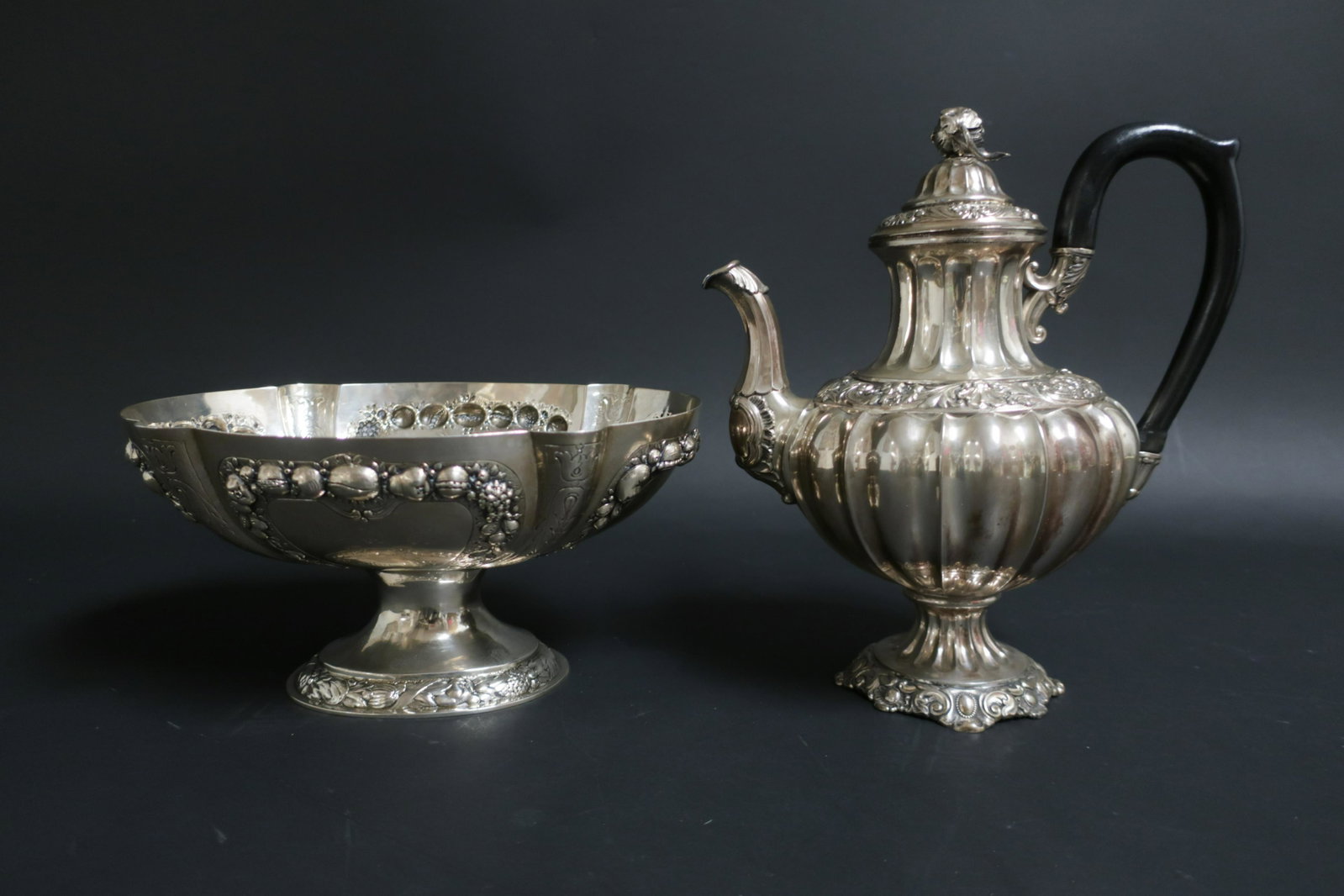 .800 Silver Coffee Pot & Pedestal Bowl: Oval bowl with date 16 Mai 1911 and and 5 monograms 40.87 OZT gross weight. Pot: 10.75 H x 9.25 W Bowl: 5.25 H x 10.25 x 7.5 W Property from the Estate of Madeleine Deutscher, Sutton Place, NYC (MADD3