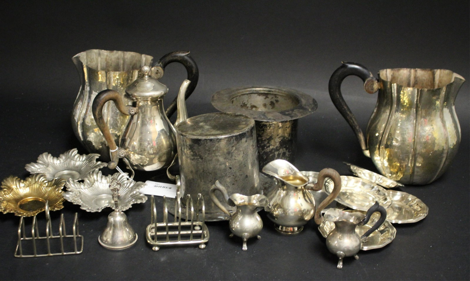 Mixed Lot of .800 Silver & Silverpate: .800 comprises 5 dishes, 3 creamers and one coffee pot. 33 ozt. .800 coffee pot is 8" H Property from a private collection - East 66th at Madison Ave, Manhattan (ROND585)(WT)