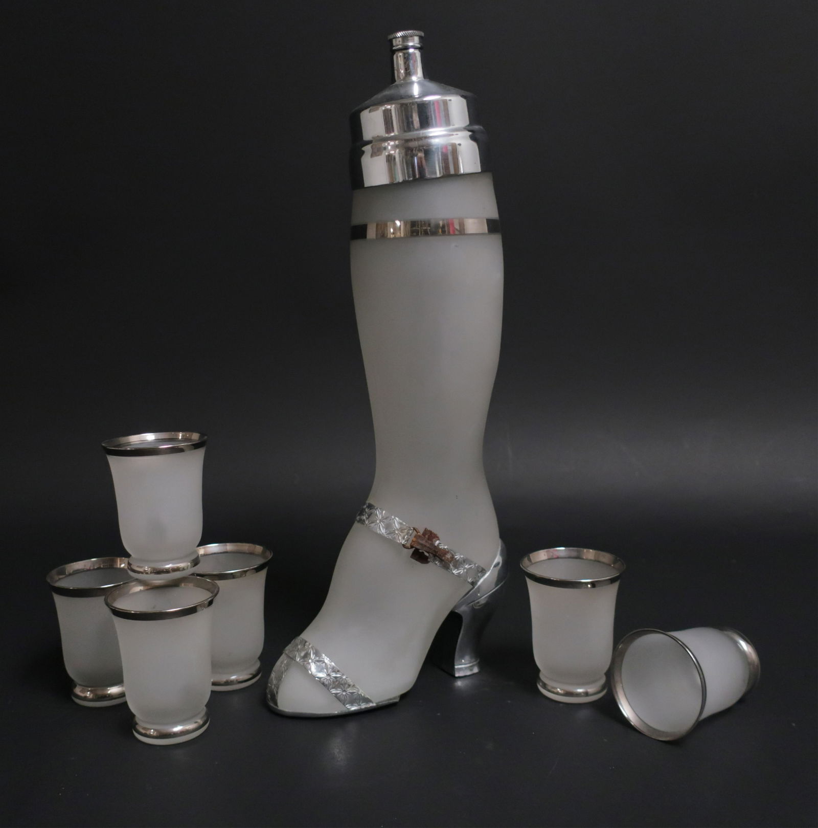 Art Deco Derby Silver Co. Cocktail Shaker & Glasse: Derby Shelton Silver Company Art Deco Metal/ Frosted Glass Cocktail Shaker, Shelton,Connecticut, glass possibly made by West Virginia Specialty Glass Company, c.1937, 6 matching drinking glasses 16 x