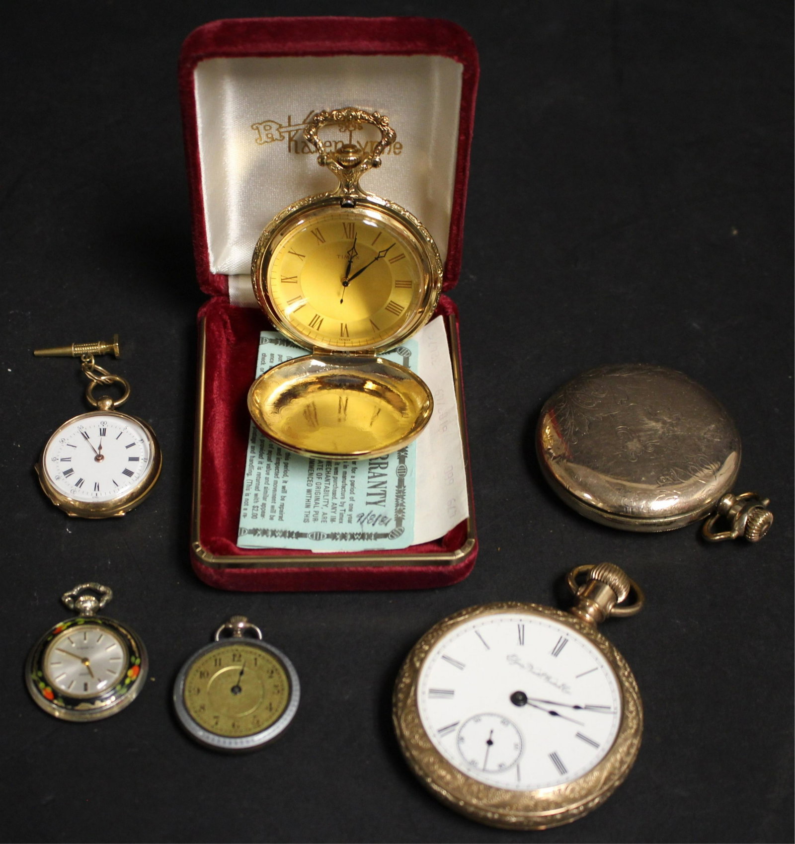 6 Pocket Watches, Elgin,Timex, Gant: 6 Pocket Watches includes Rockford, Elgin,Timex, Swiss 17 Jewels with floral enamel case Gant and a swiss watch with guilloche enamel case, Elgin 14 K, April 22,79' case with engraved Railroad car,ser