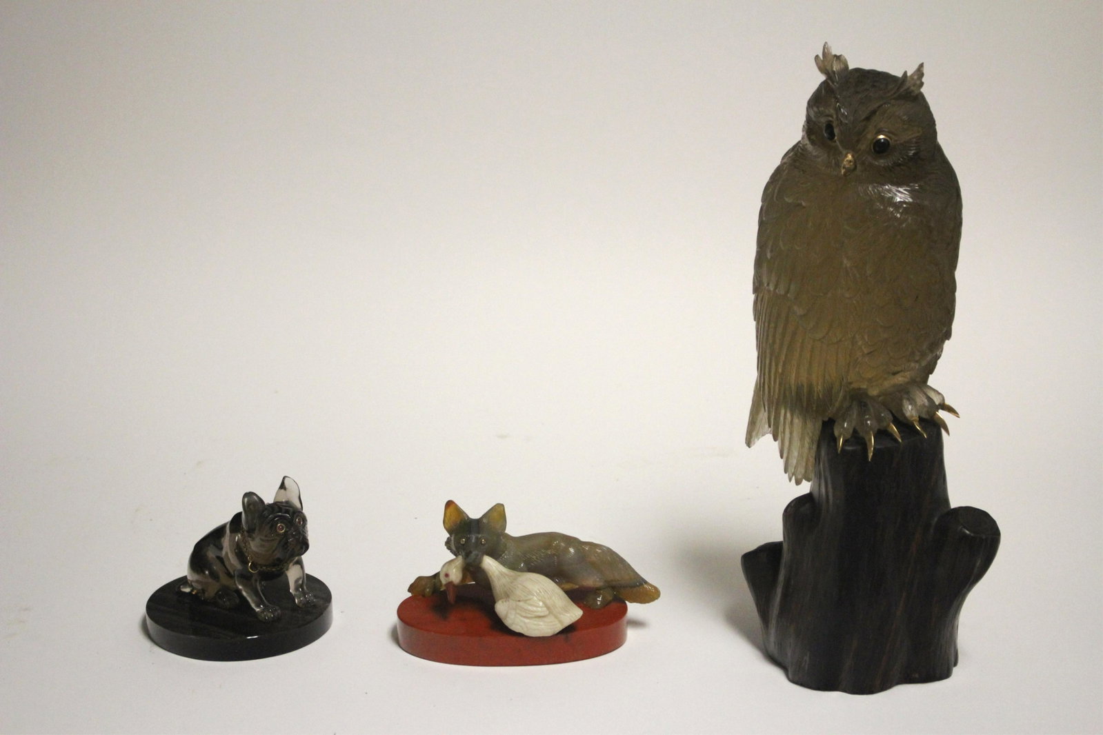 3 Animals, Attr to Zadora-Gerlof & Erwin: Attributed to Andreas Von Zadora Gerlof and Erwin Klein for Vacheron Constantin, circa 1920. Owl with 14K talons, beak, and eye rims on a wild hardstone base. Owl is possibly agate, has the hardness o