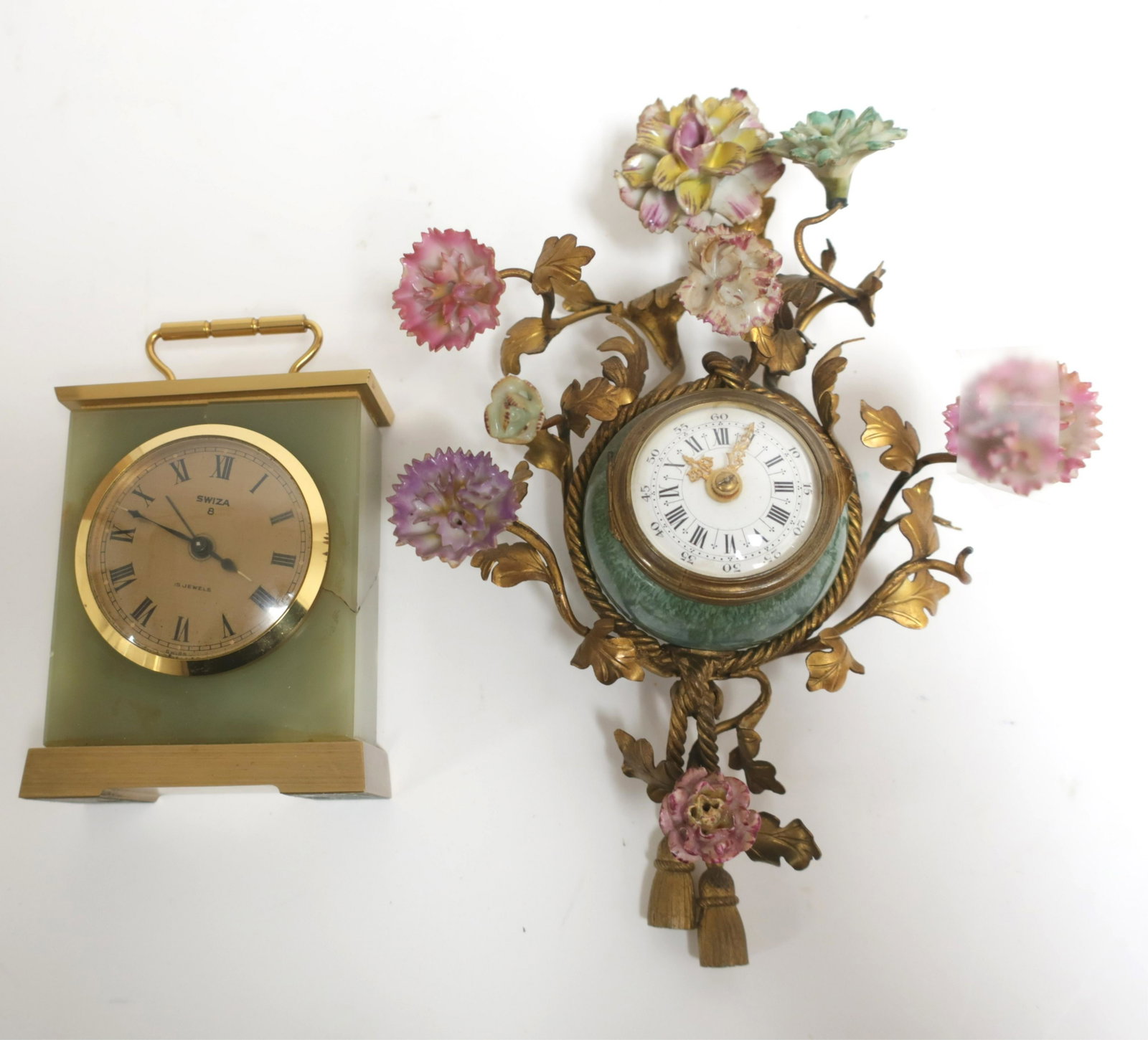Louis XV Style Wall Clock & Onyx Alarm Clock: Louis XV style porcelain, enamel, and gilt bronze petite wall clock, 19th century. Along with a contemporary onyx and brass bed side Swiza alarm clock 8.75 H x 6 W and 5.25 H x 3 W Property from the E