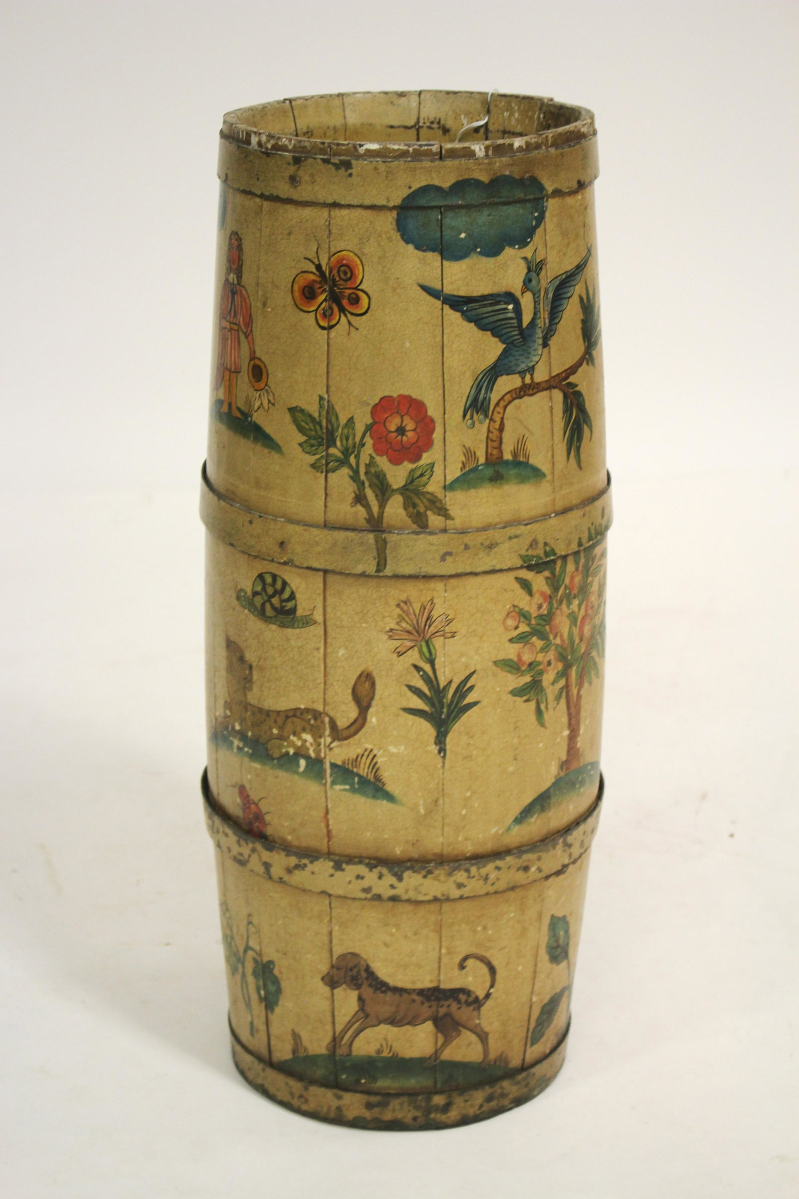 Painted Decorated Umbrella Stand: Wood stave construction with iron banding, animals, flowers, figures, and buildings of a whimsical nature. 24.5 H x 9 DIAM (QSHER418)(WT)