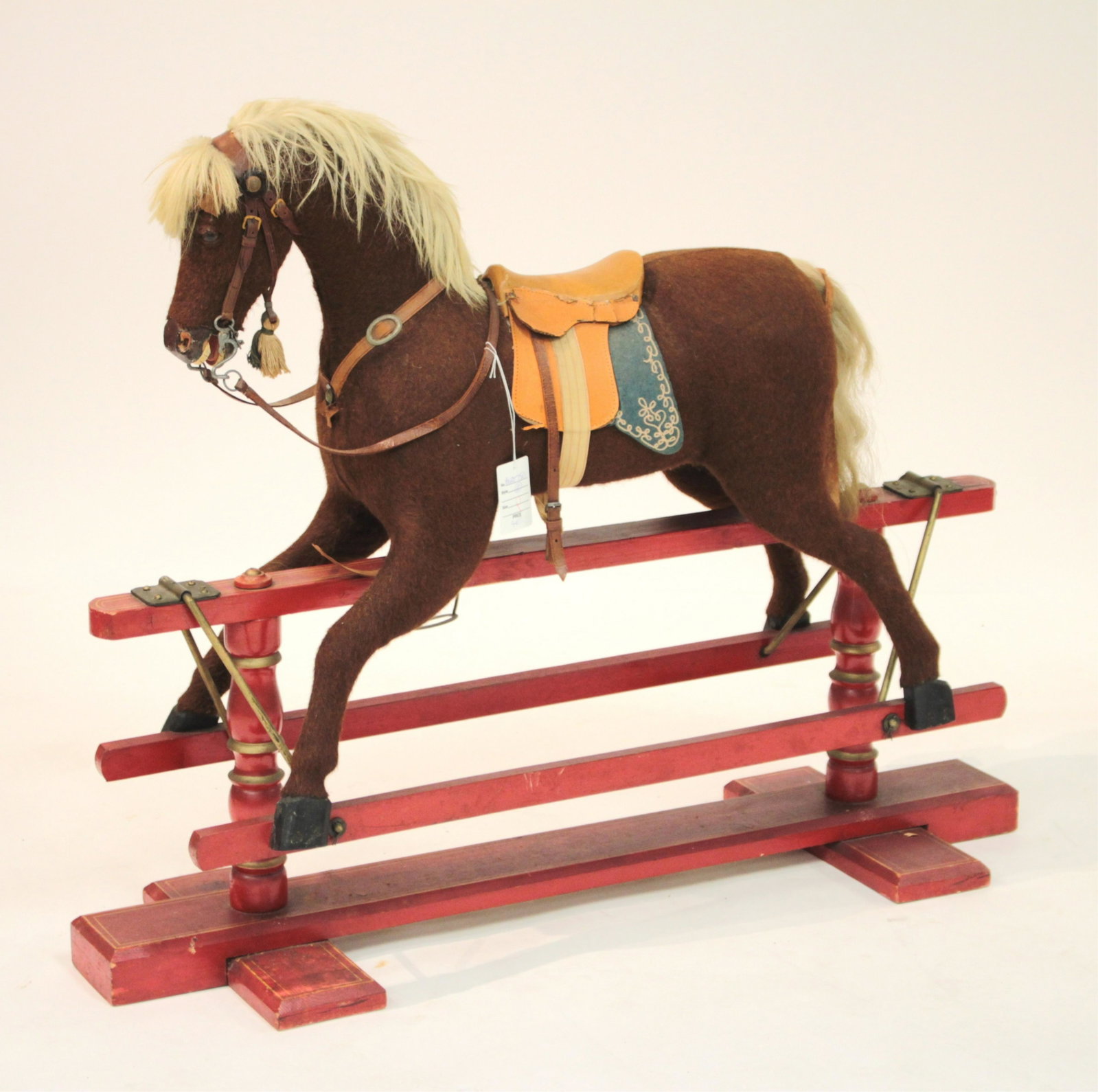 Vintage Hobby Horse, Glider, Brown Felt Body: 41" L 12" W, saddle 28" H (BERT150)(TC)