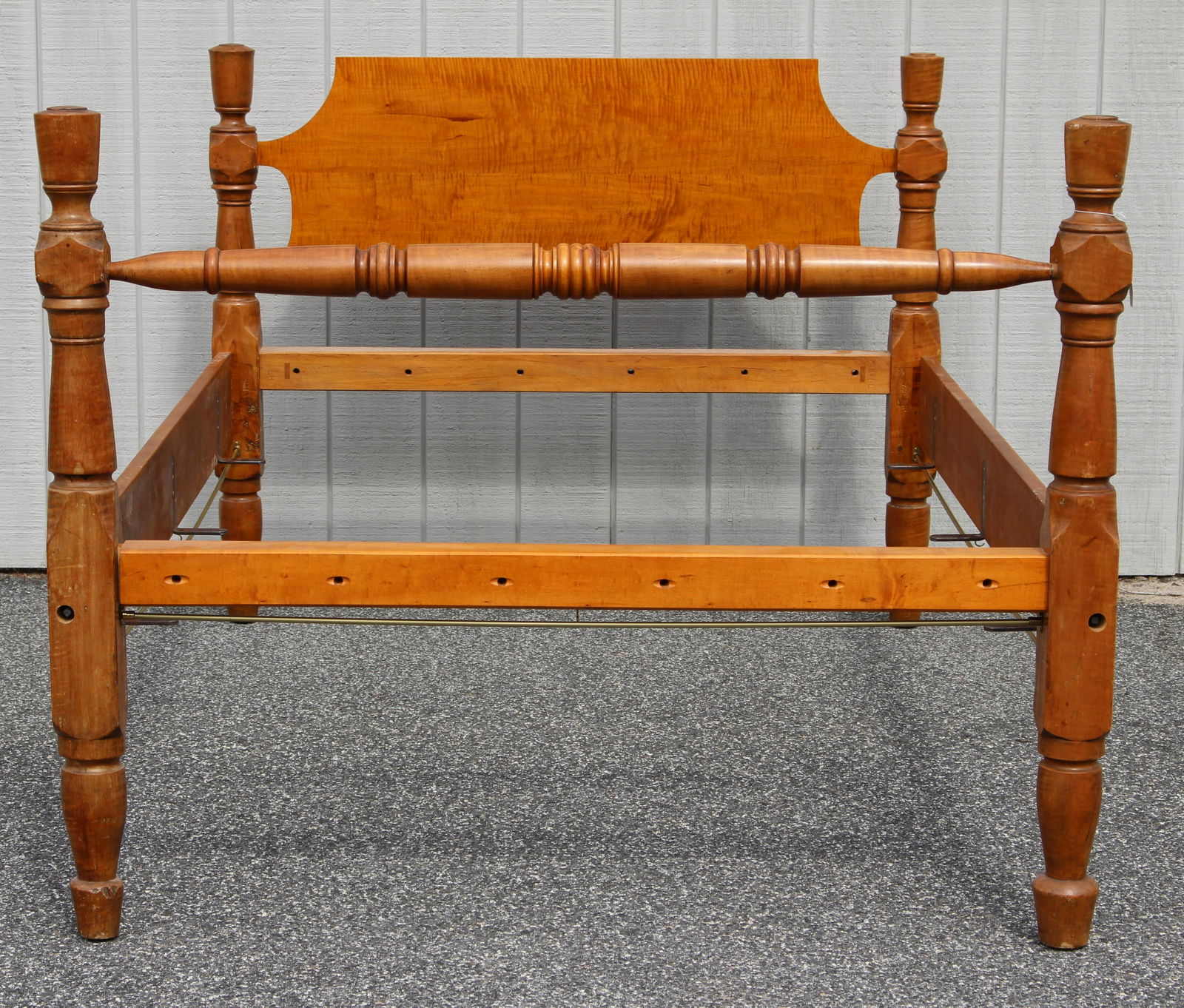 Leonards Tiger Maple Thistle Top Double/Full Bed: Leonards Tiger Maple Wood Turned Thistle Top and Buttermold Carved Double/Full Size Wood Bed, c.1830, with blanket rail, and later highly figured headboard, side rails, fits a standard double/full siz