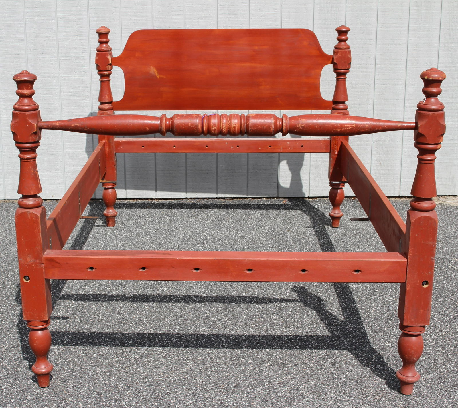 Leonards Painted Tulip Top Buttermold Double Bed: Leonards Red Milk Painted Wooden Turned Tulip Top and Buttermold Carved Low Post Double/Full Size Bed, c.1830, with turned blanket rail. Headboard and side rails later. Note: does not include bed wren