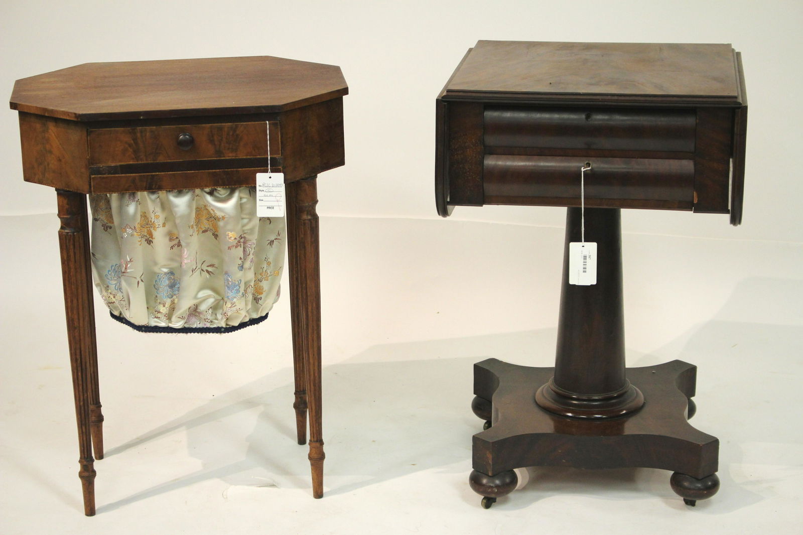 19th C. Sheraton Sewing Stand and Empire Table: Sheraton Mahogany Octagonal Sewing Stand along with Empire Flame Mahogany one Drawer Drop Leaf Stand, 19th C., sewing stand with geometric inlay, fabric replaced Empire stand 29 x 19 1/2 x 9, Sheraton