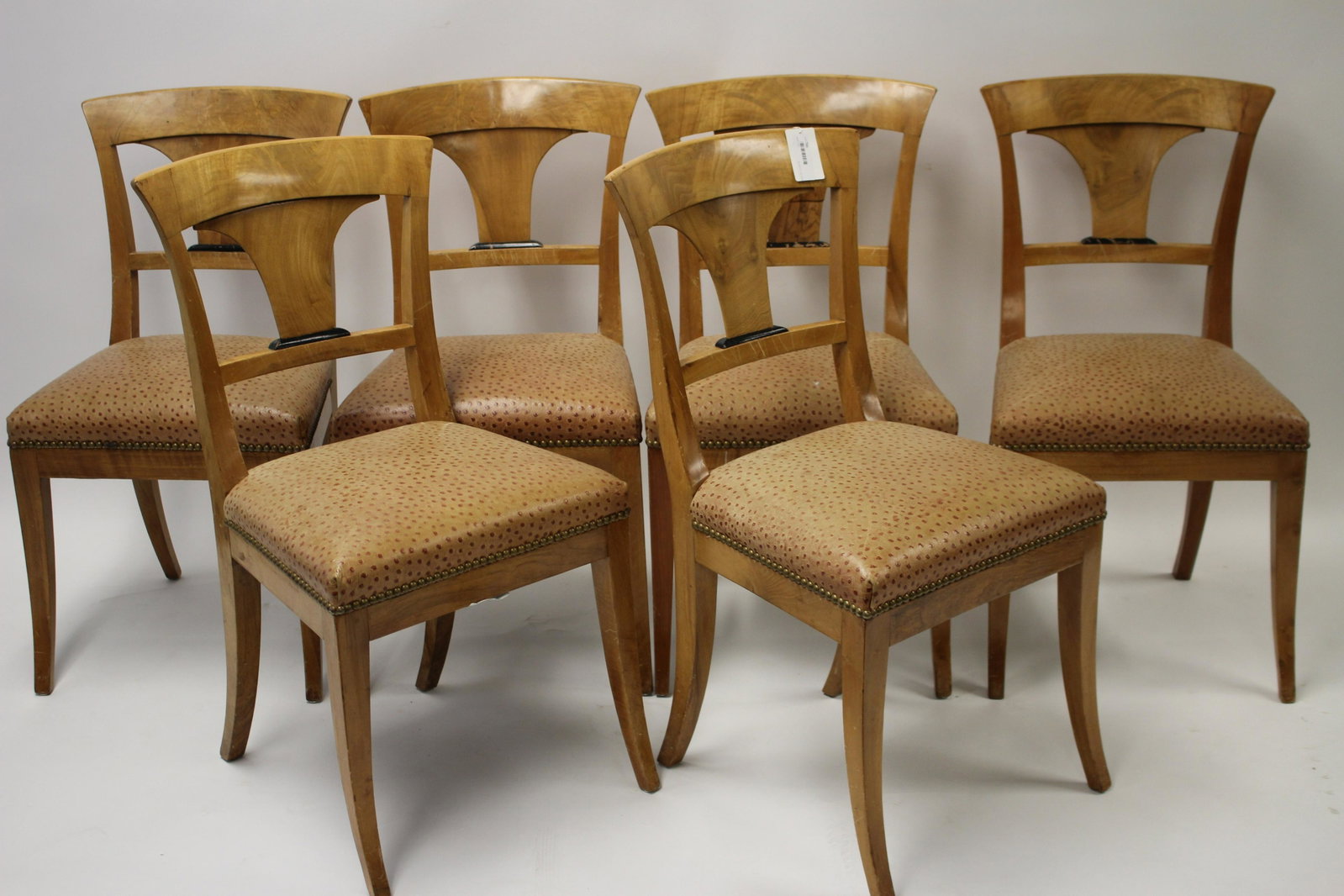 Set of 6 Neo-Biedermeier Faded Walnut Dining Chair: Faux ostrich skin leather upholstery 33.25 H x 18 W x 21.5 D (MGIA706)(MS)