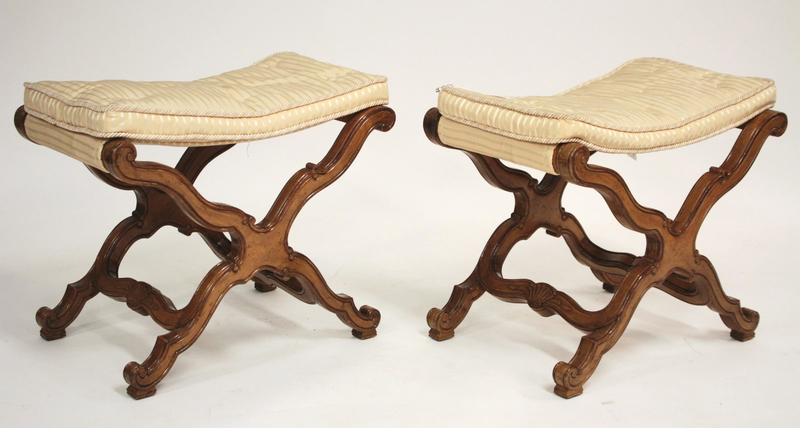 Pair French Rococo Style Fruitwood X Stools: Silk upholstered. 20 H x 23 L x 14.5 D Property from the Estate of Madeleine Deutscher, Sutton Place, NYC (MADD311/2)(WT)