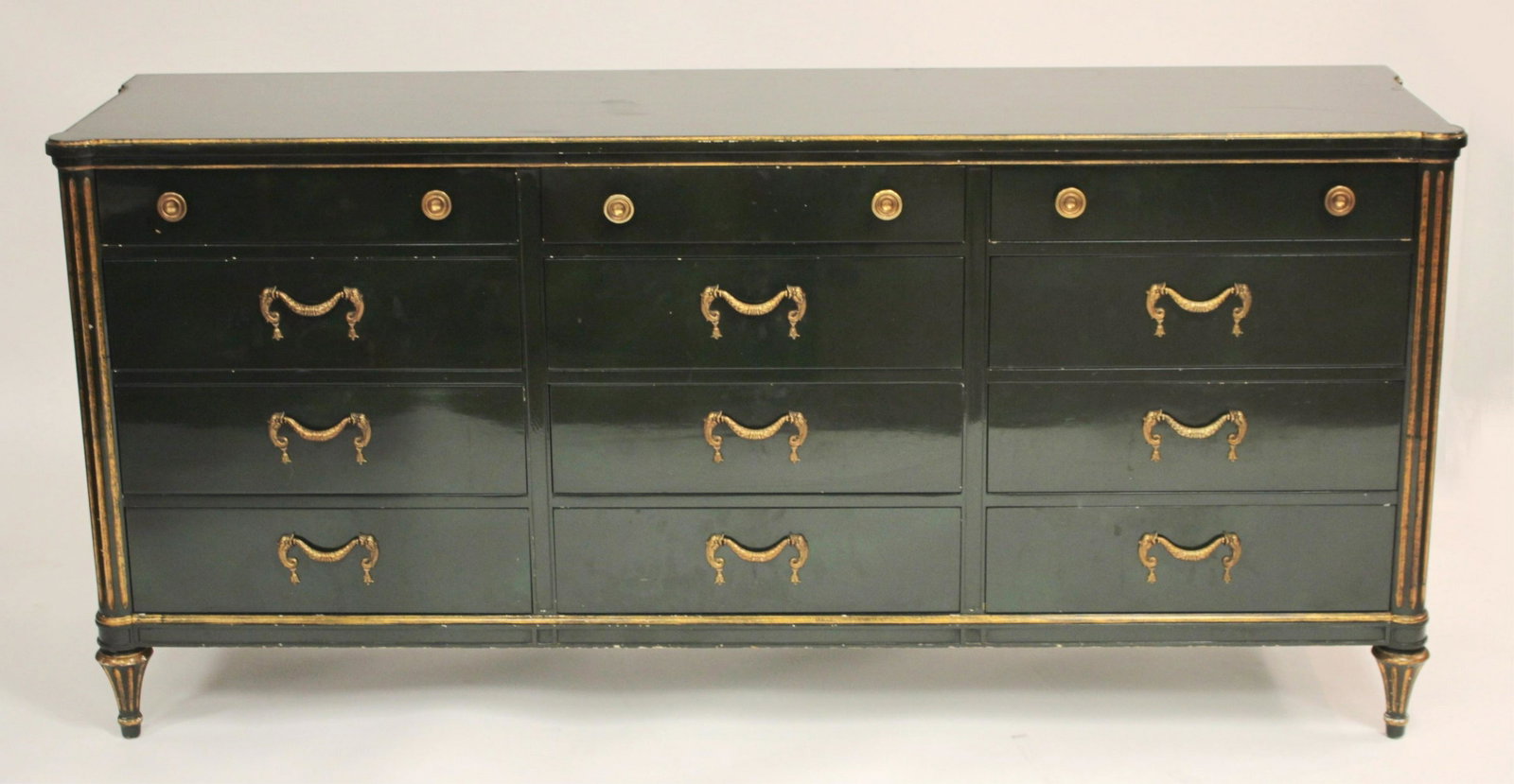 Louis XVI Style Green Lacquered Triple Dresser: Gilt hardware and parcel gilt, by Bodart. 33.5h x 72L x 20d Property from the Estate of Madeleine Deutscher, Sutton Place, NYC (MADD2078)(WT)