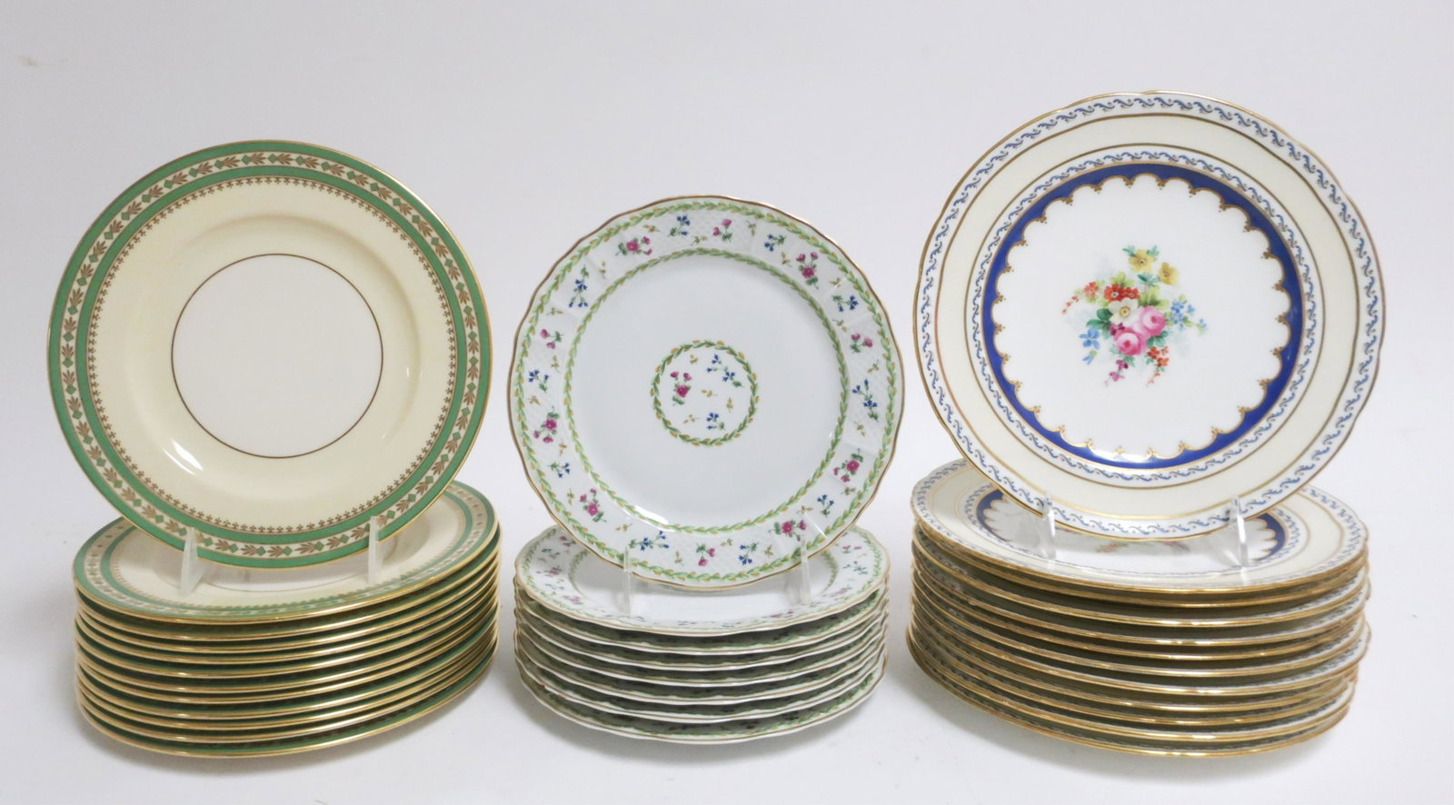 Mixed Collection Porcelain Luncheon/Salad Plates: (12) Mintons (England) (Davis Collamore & Co. NY), central floral bouquet, gold and blue designs; (8) Limoges (France) "Artois", florals and green on white field; (12) Lenox (made for Ovingtons NY), g