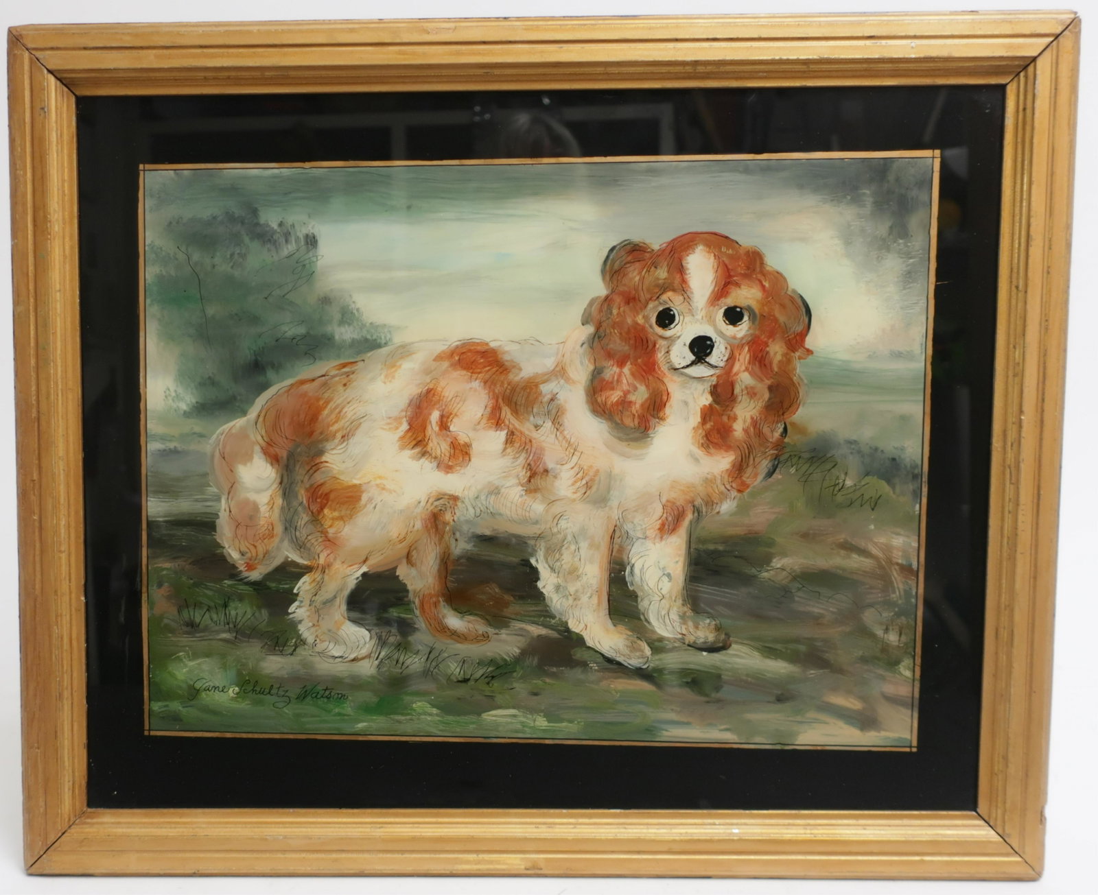 J.S. Watson "Spaniel" Eglomise On Glass: Jane Schultz Watson. Gold and black painted frame. sight 15 3/8 x 19 3/8 framed 18.5 x 22.5 (BBRA10452)(JP)