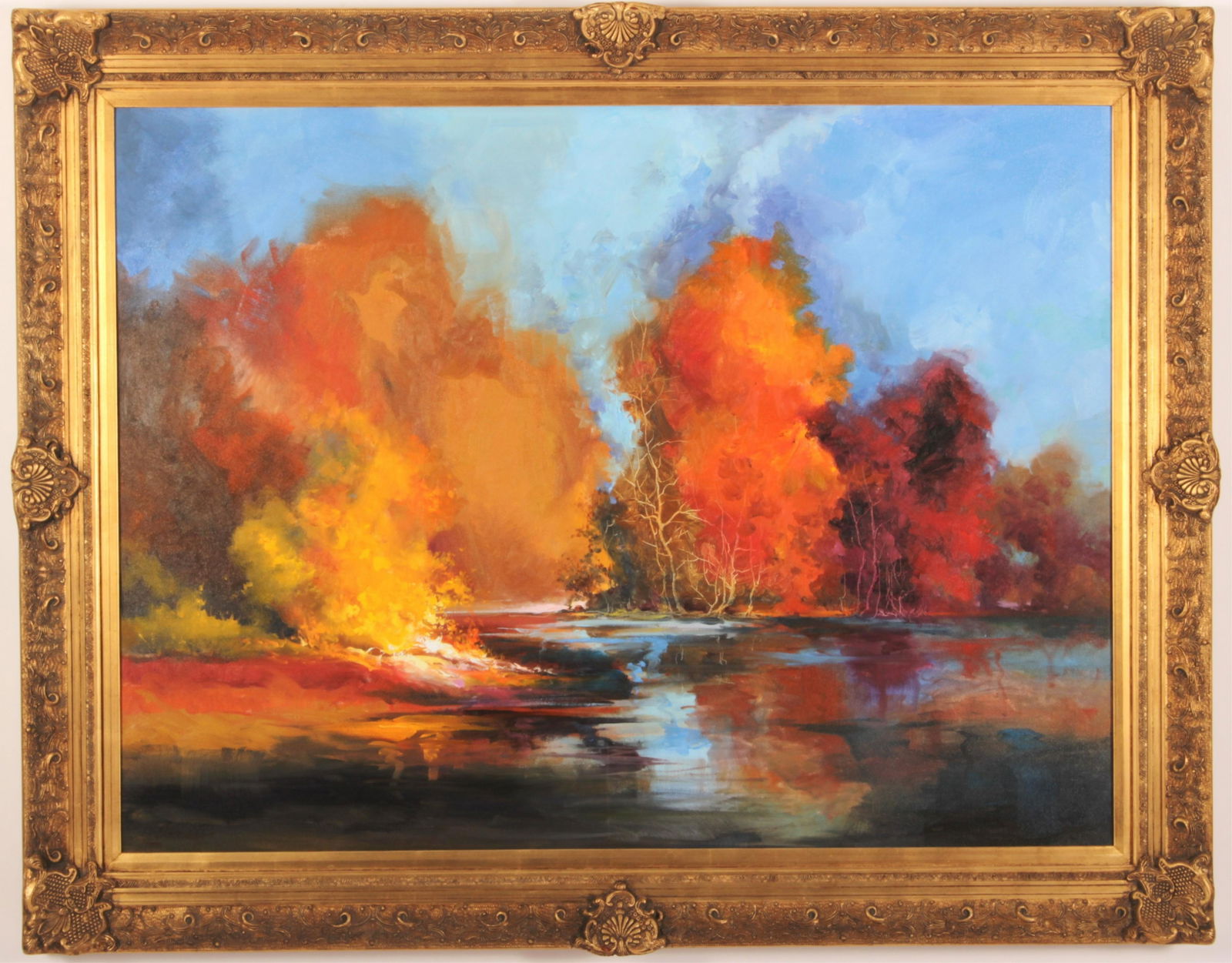Christine Joy Koczwara Autumn Lake O/C: Christine Joy Koczwara, American, 1945-2005, Autumn Lake, a large oil on canvas, signed. NOTE: one of a pair of her paintings in this auction 36x48, framed 44x57 (PKEI360)(TC)