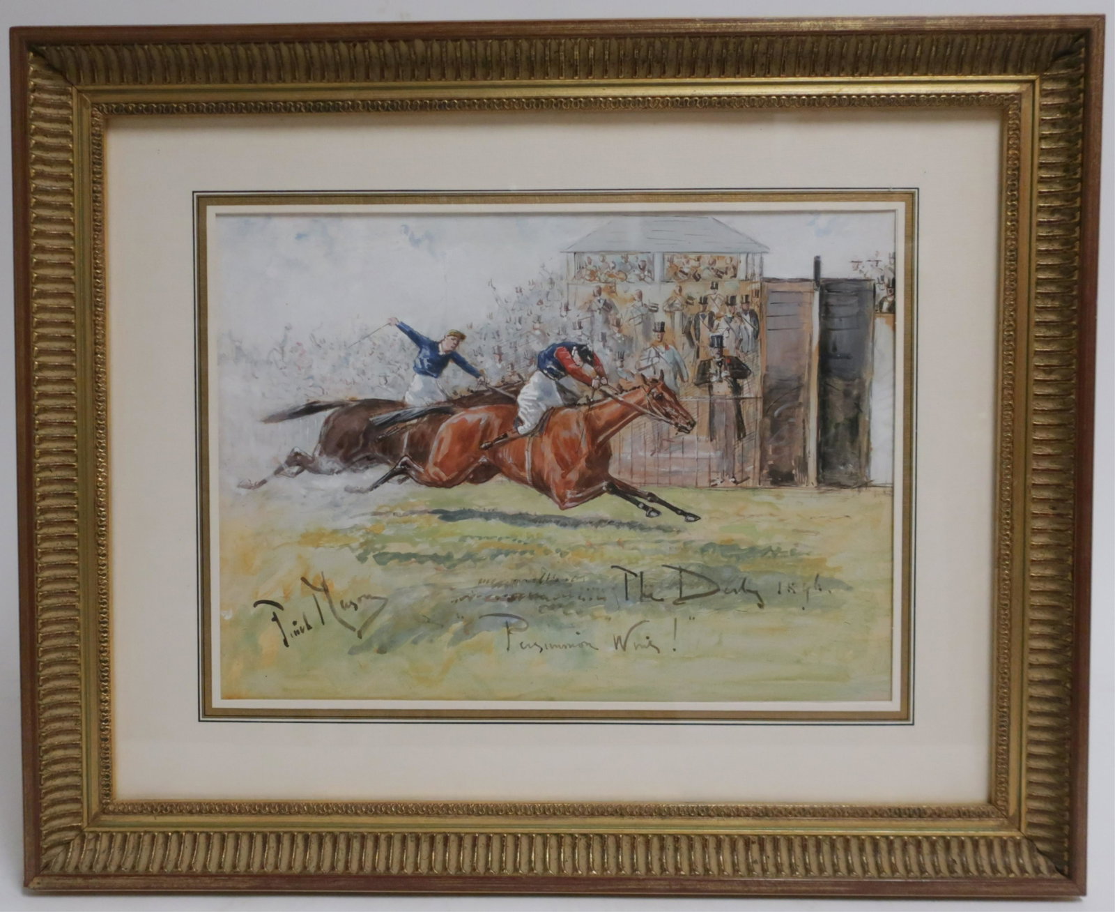 George Finch Mason 1850-1915 "The Derby" W/C: George Finch Mason 1850-1915, "The Derby 1896. Persimmon Wins". Pen and brown ink and W/C signed, dated, and inscribed. Provenance: Richard L. Feigen Co. NYC 9.5 x 13.25, framed 16.75 x 20.5 (QSHER499
